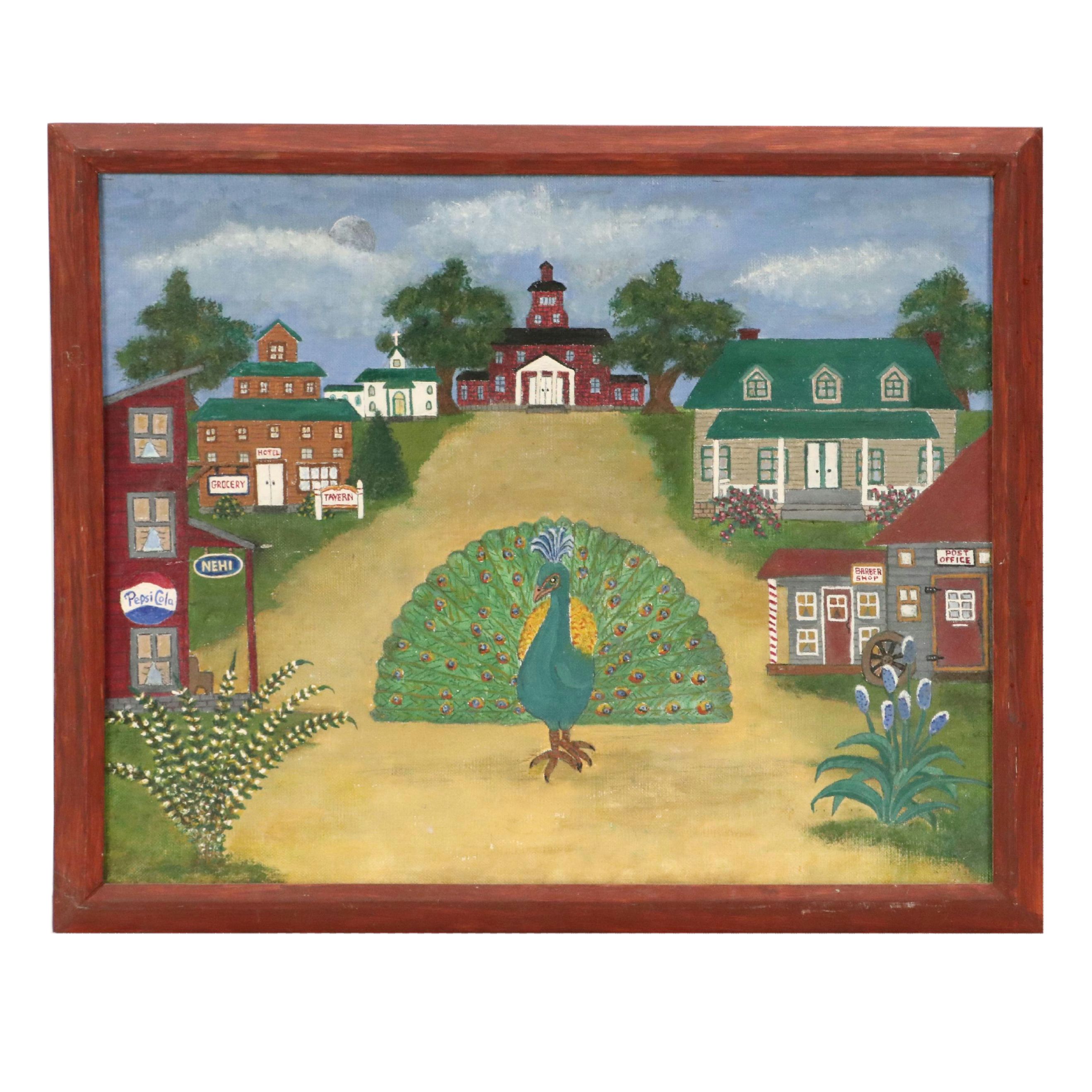 American School Rural Folk Art Oil Painting with Peacock, 20th Century