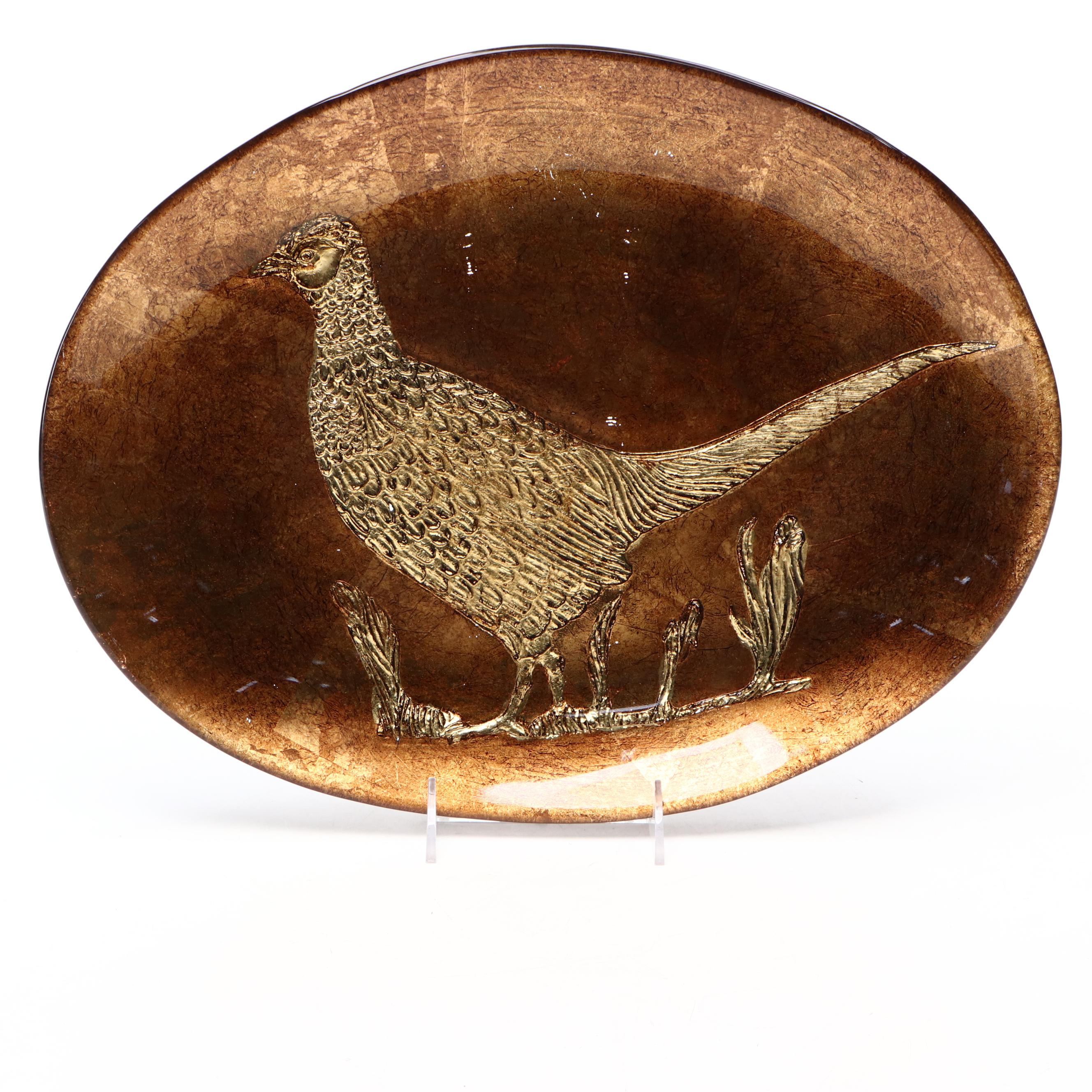 Mid Century Modern Style Bronzed Copper and Glass with Engraved Pheasant Dish