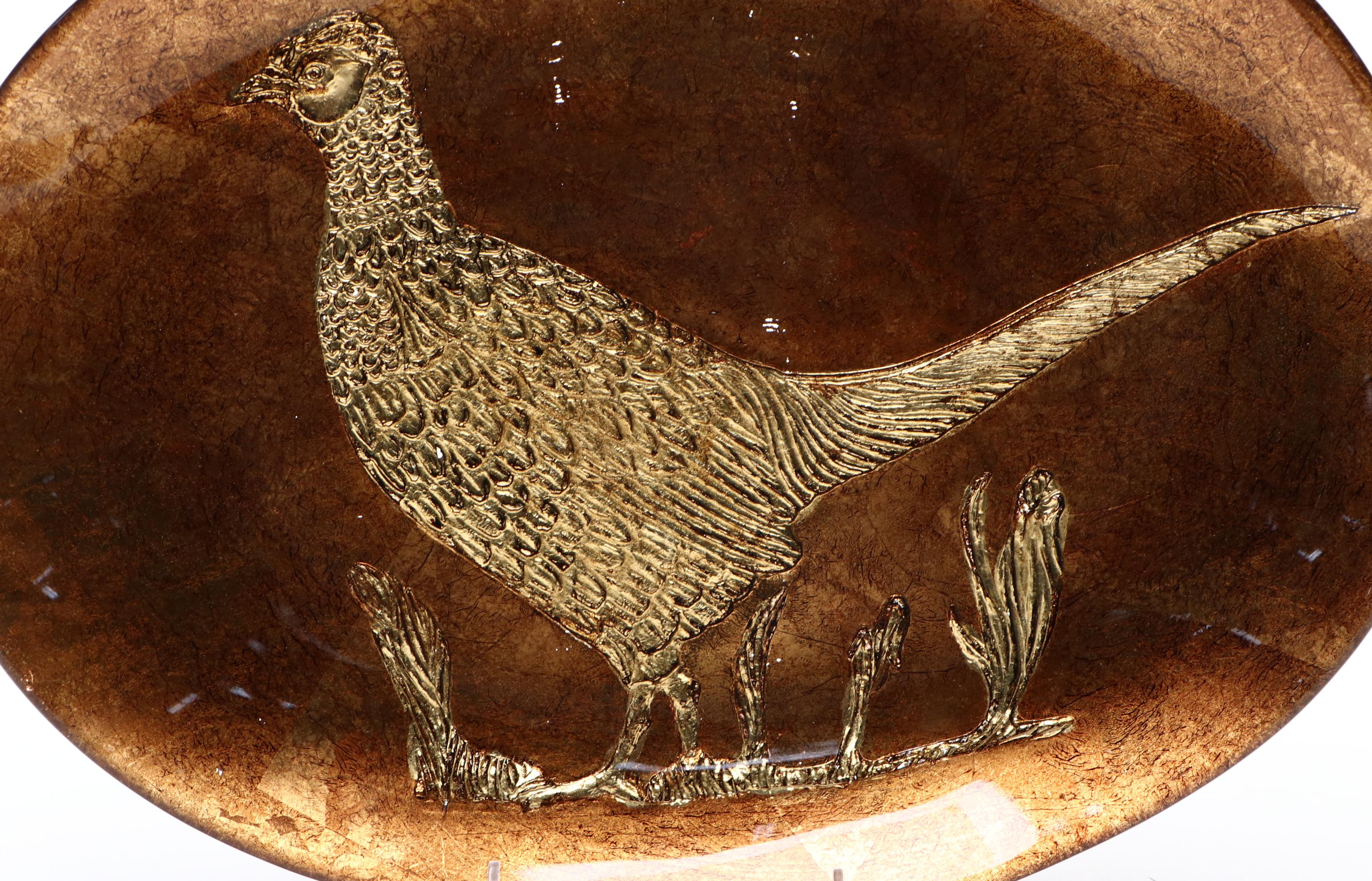 Mid Century Modern Style Bronzed Copper and Glass with Engraved Pheasant Dish