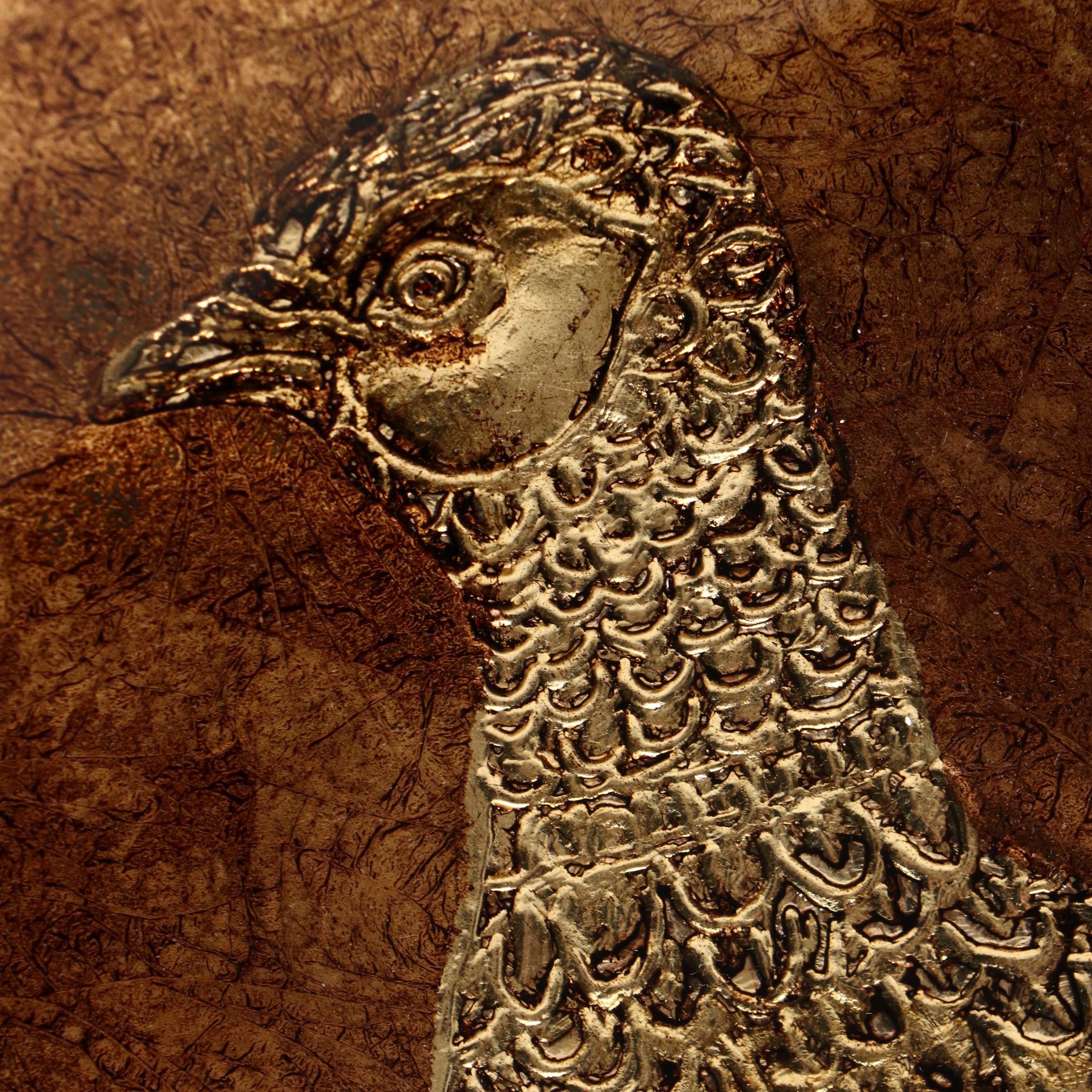 Mid Century Modern Style Bronzed Copper and Glass with Engraved Pheasant Dish