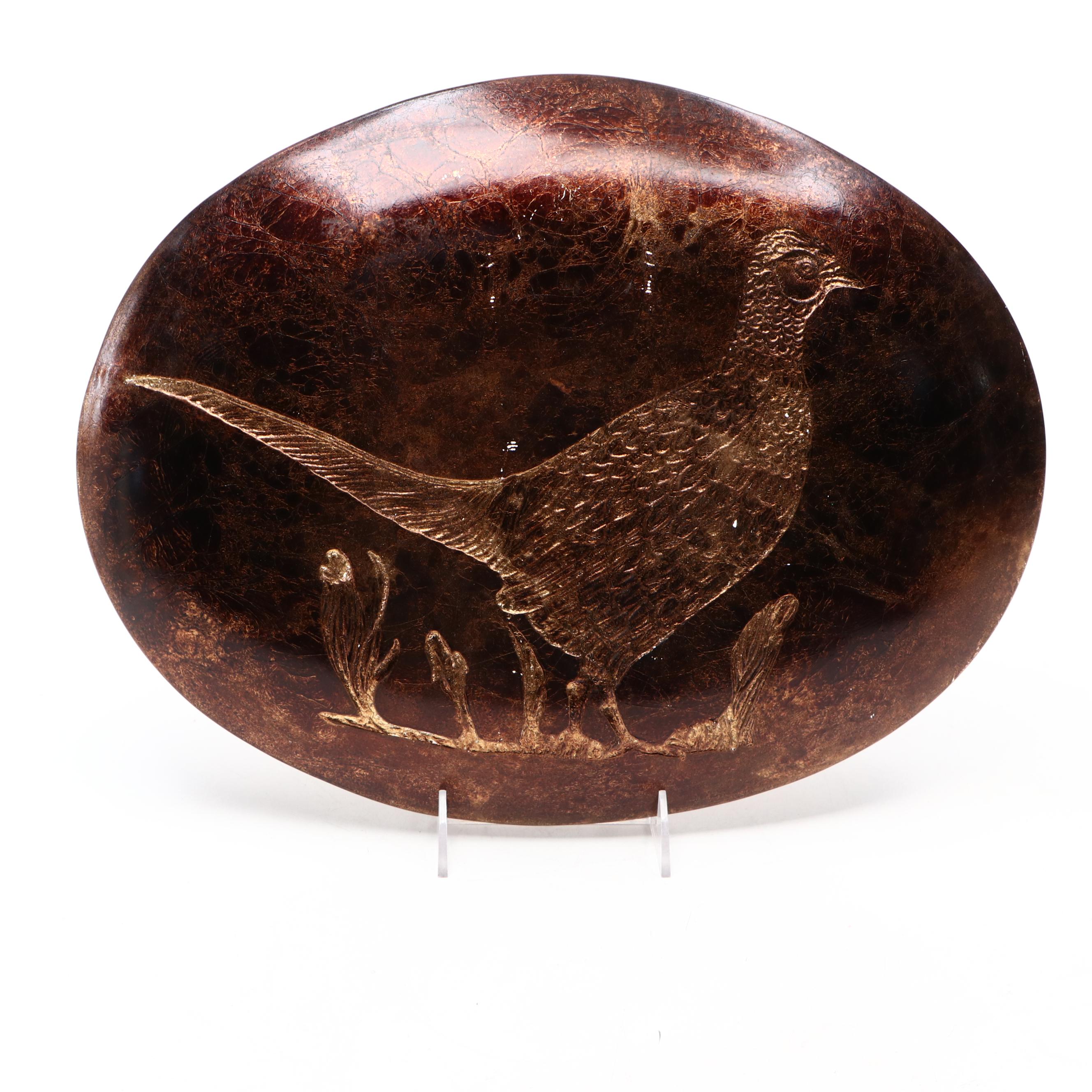 Mid Century Modern Style Bronzed Copper and Glass with Engraved Pheasant Dish