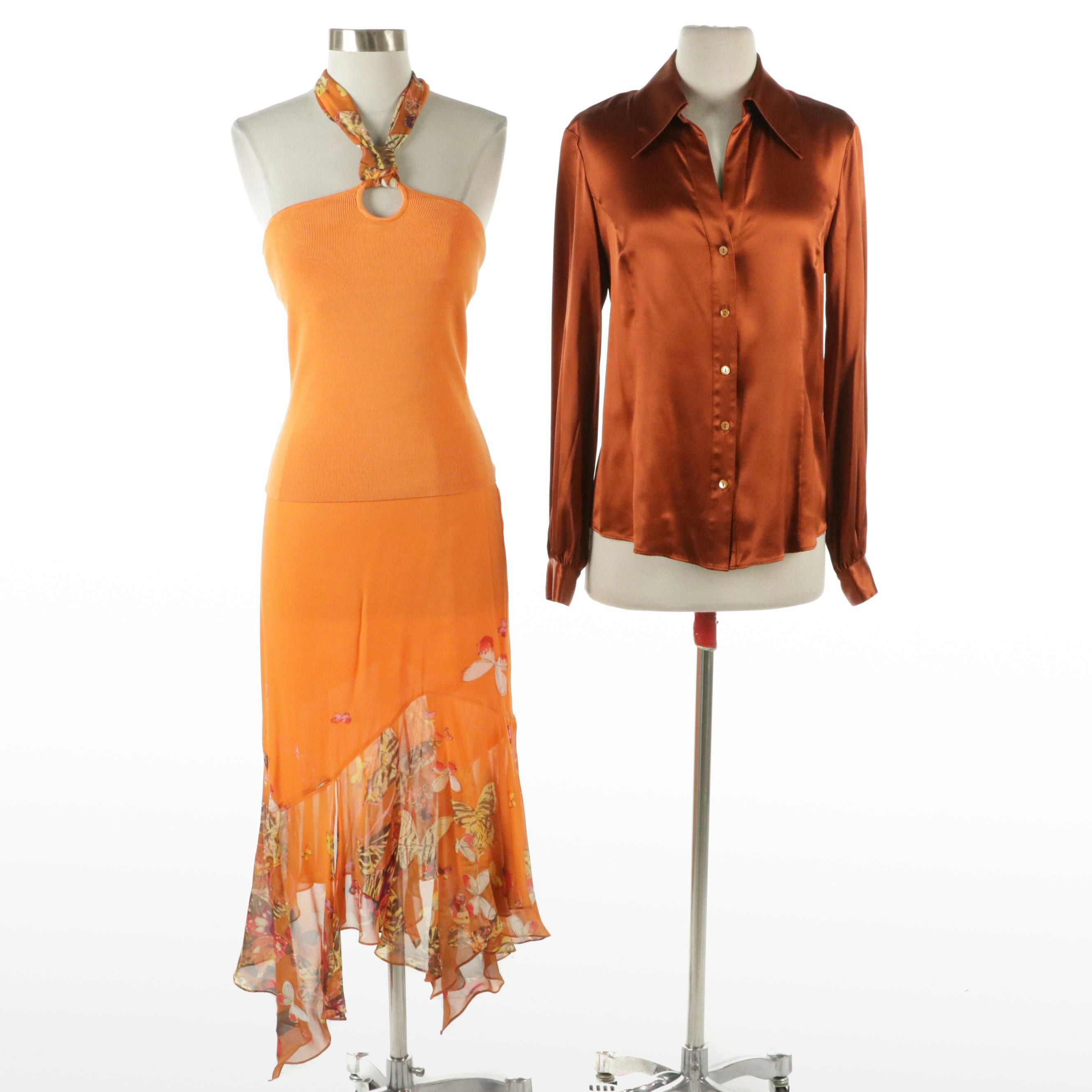 Dana Buchman Orange Silk Two-Piece Skirt Set and Lafayette 148 Silk Blouse
