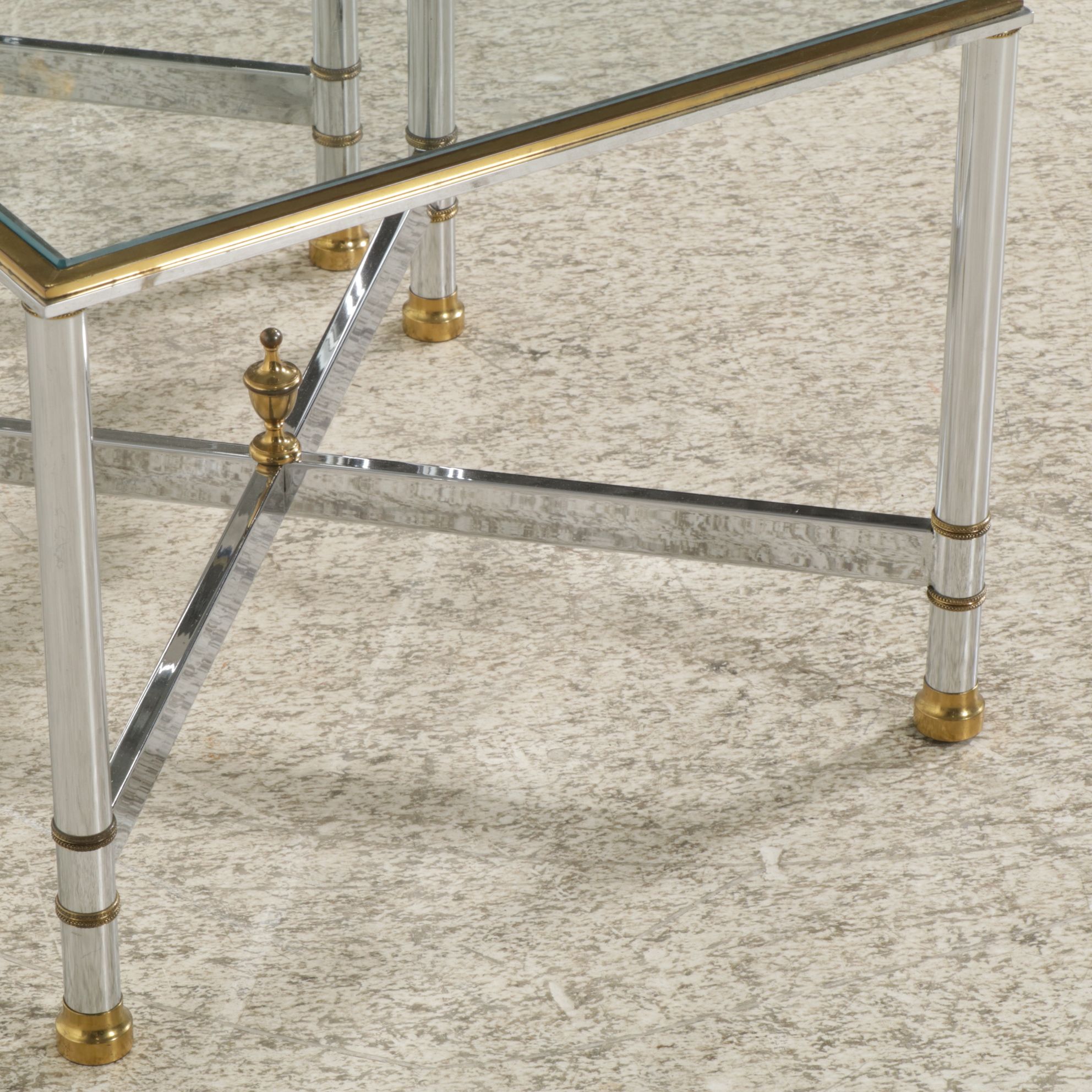Modernist Glass-Top Chrome Side Tables with Brass Accents