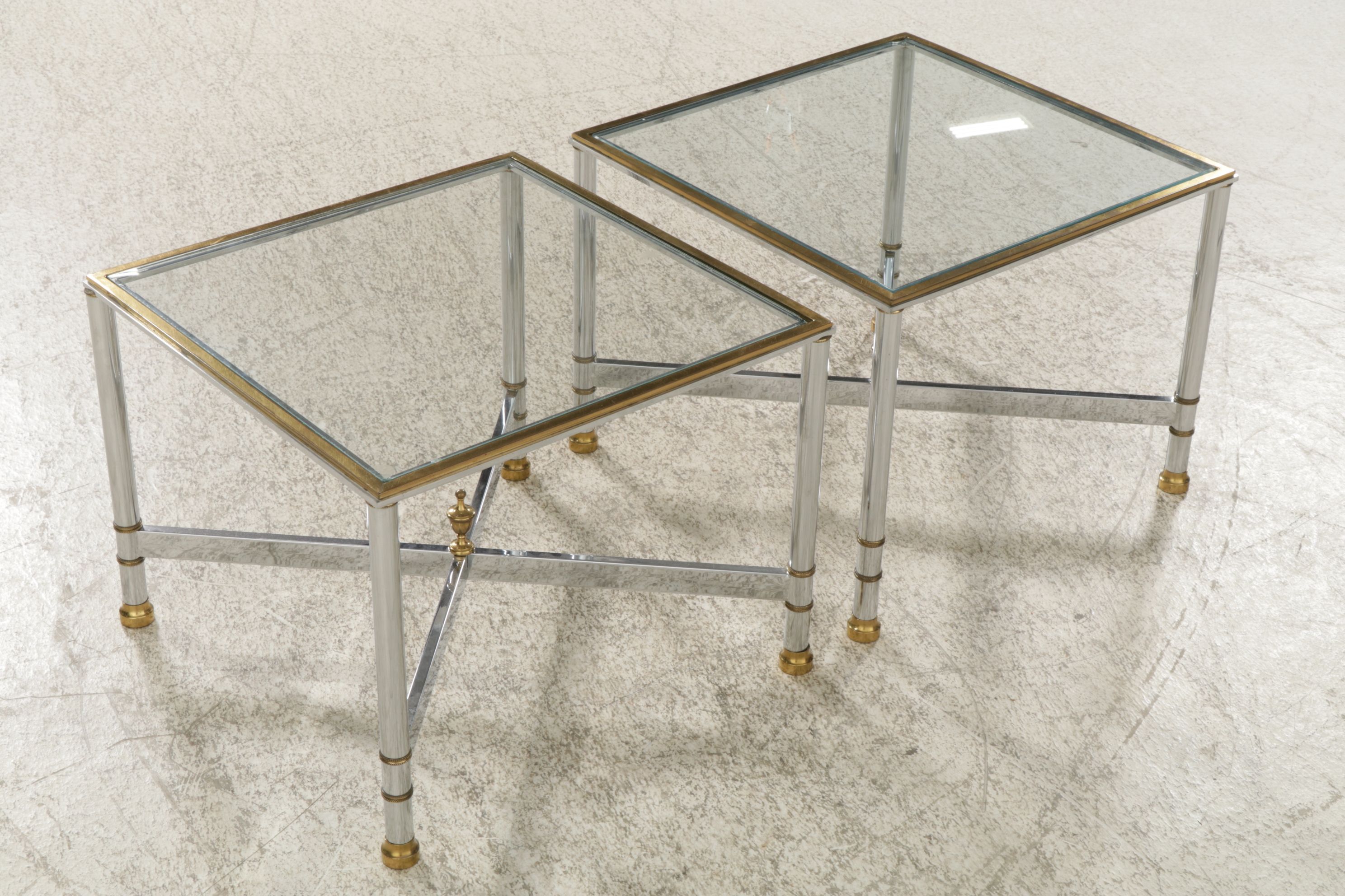 Modernist Glass-Top Chrome Side Tables with Brass Accents