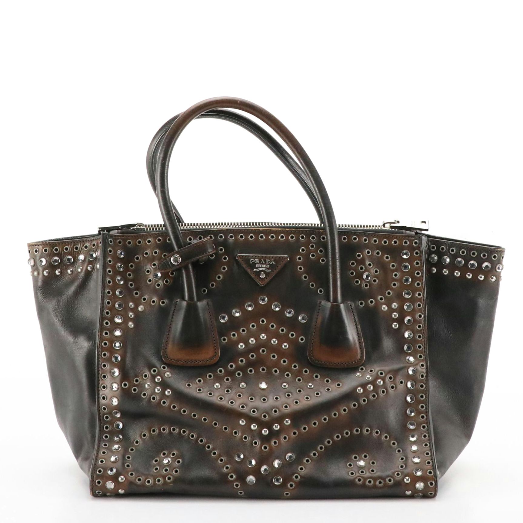 Prada Twin Pocket Two-Way Tote in Vintage Brown Embellished Leather