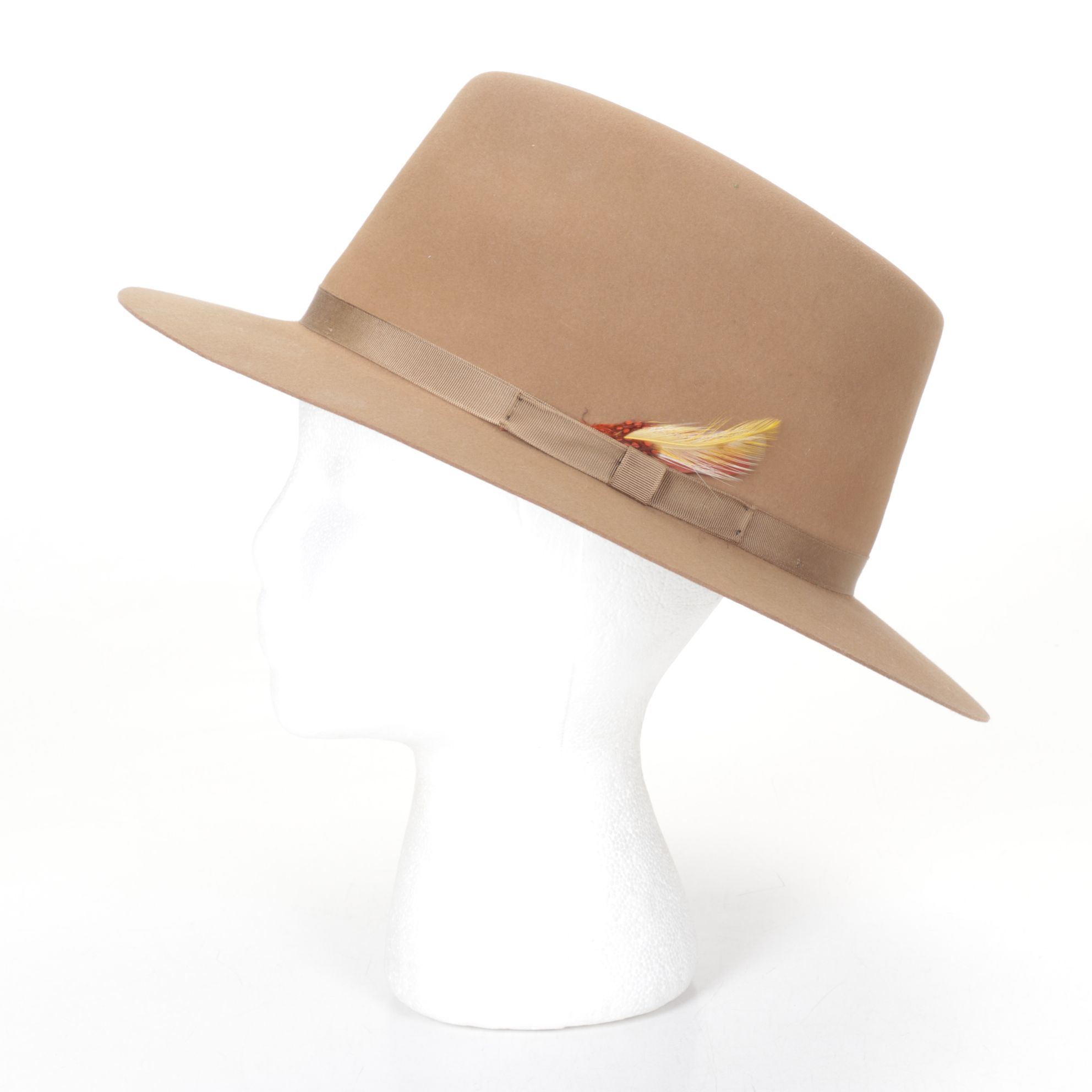Dobbs Fifth Avenue Fur Felt Fedora Hat with Feather, Mid-20th C.