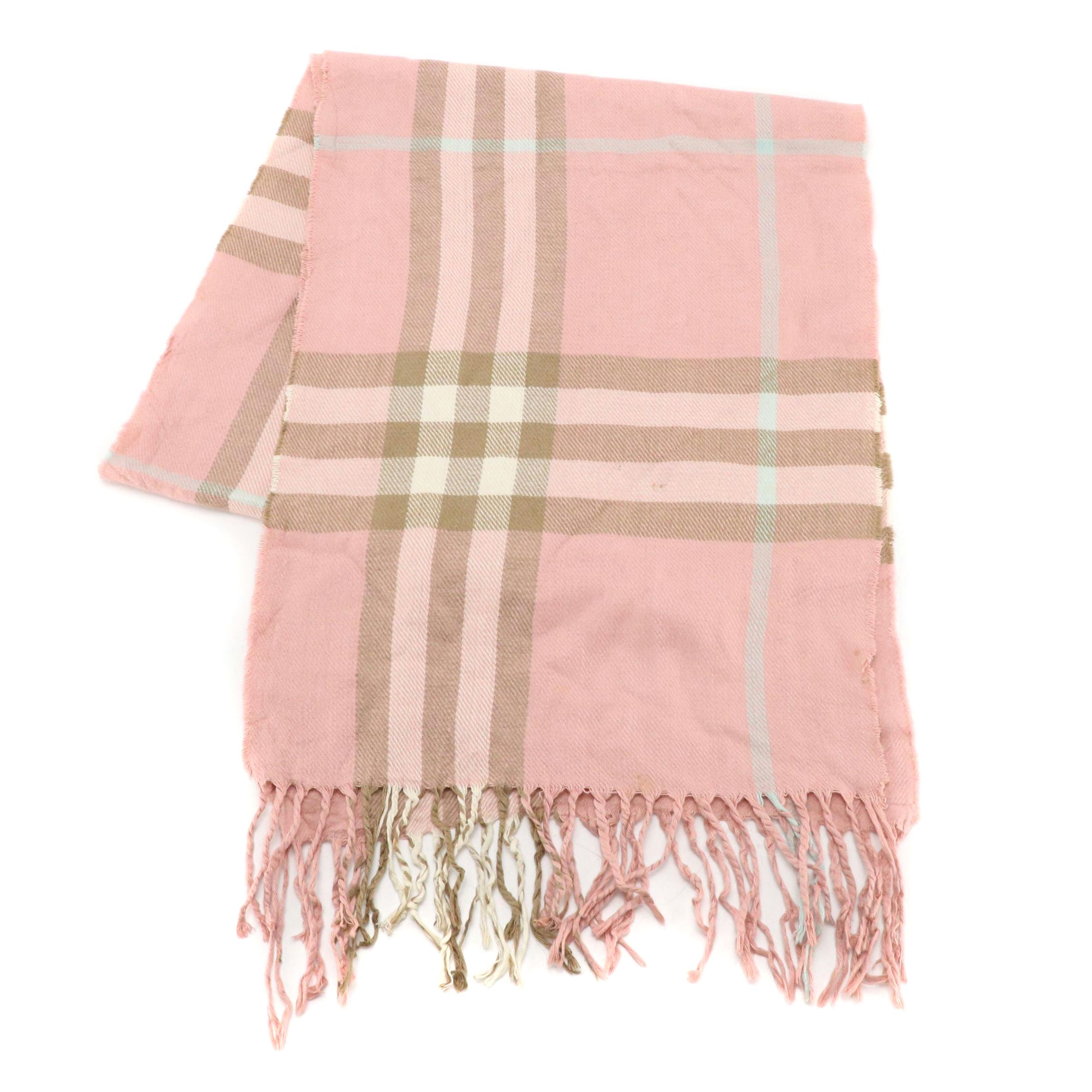 Burberry Pink House Check Lambswool Fringe Scarf