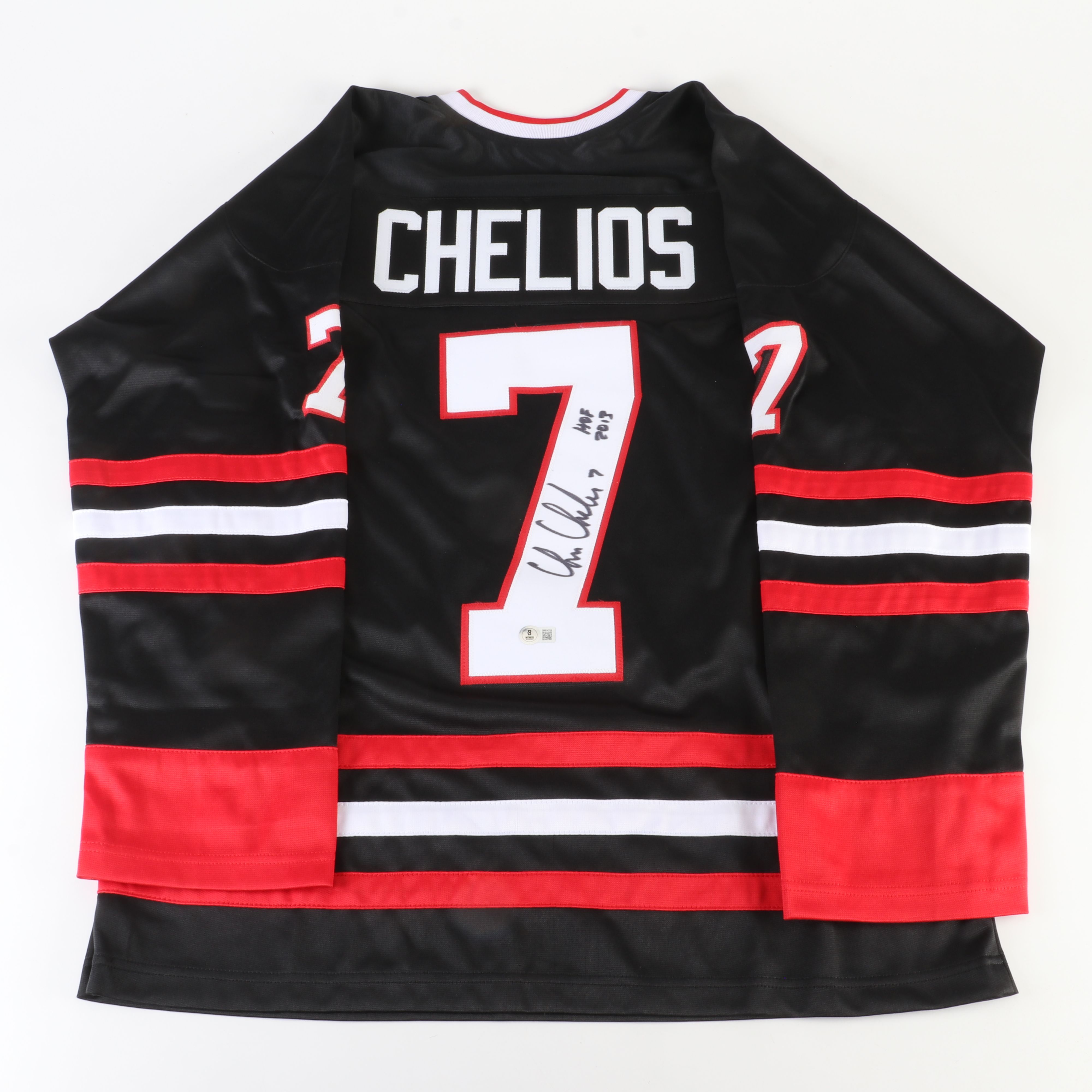 Chris Chelios Signed “HOF 2013” Chicago Blackhawks Hockey Jersey, Beckett
