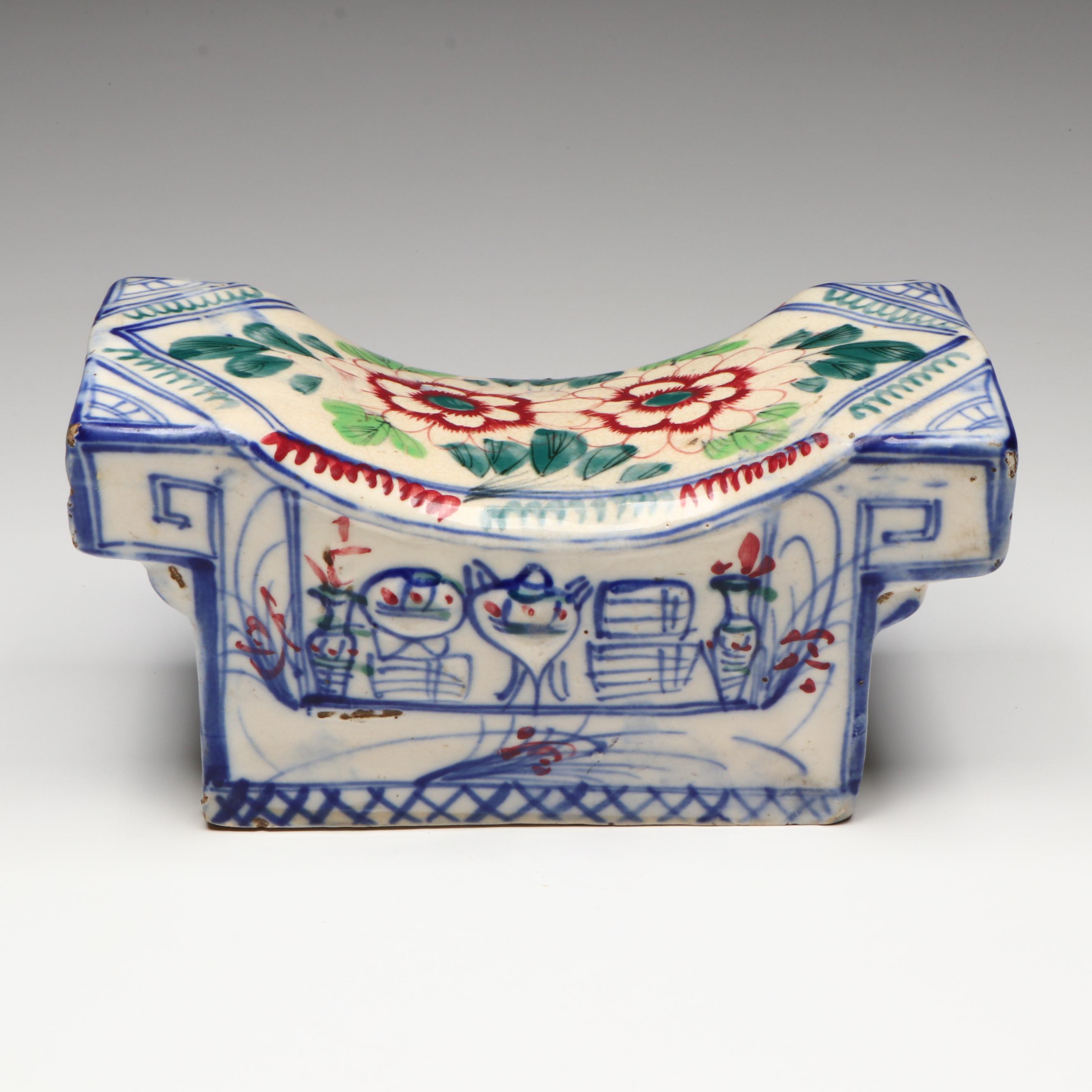 Antique Chinese Qing Dynasty Hand-Painted Porcelain Pillow