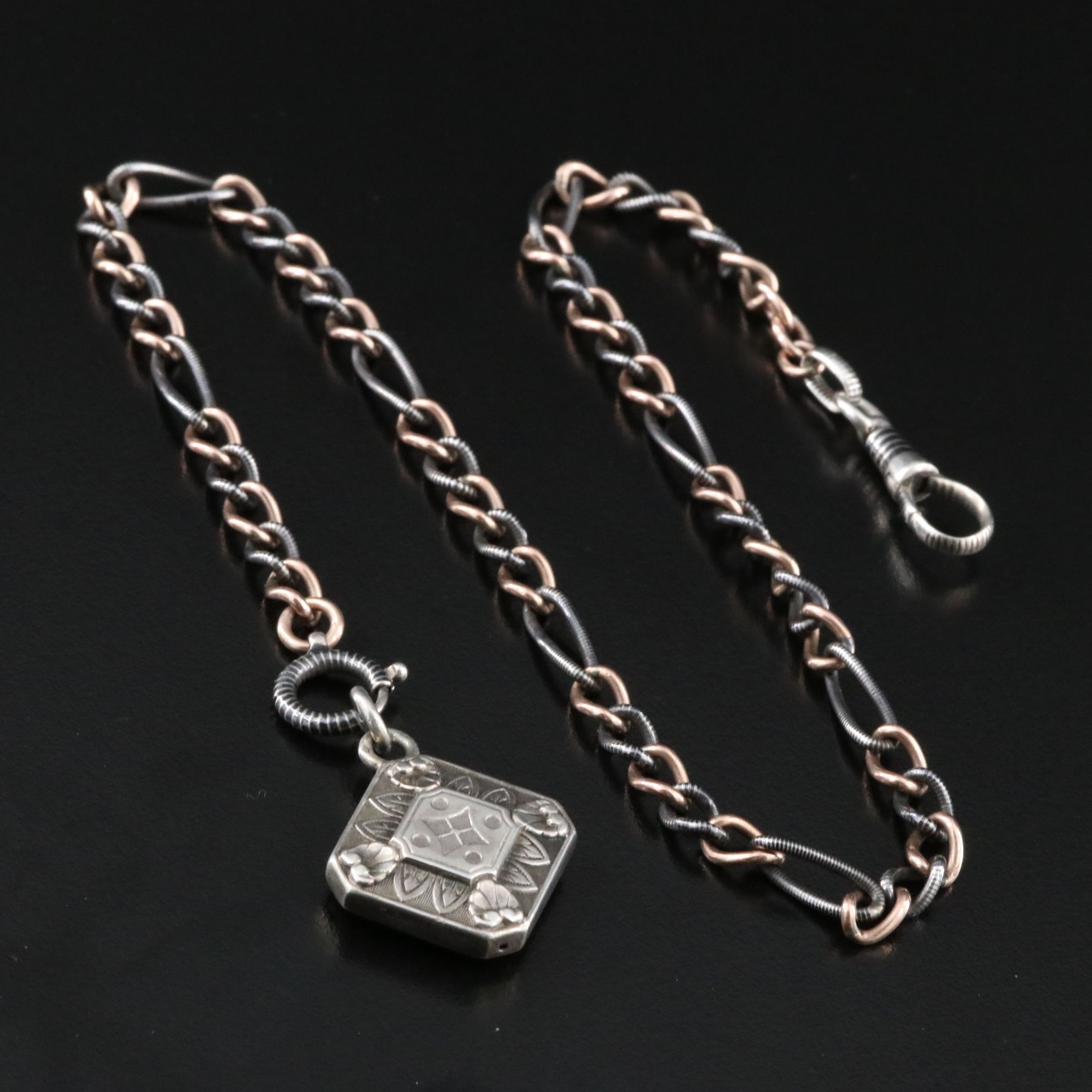 Victorian 900 Silver and 10K Rose Gold Niello Watch Chain with Fob Charm