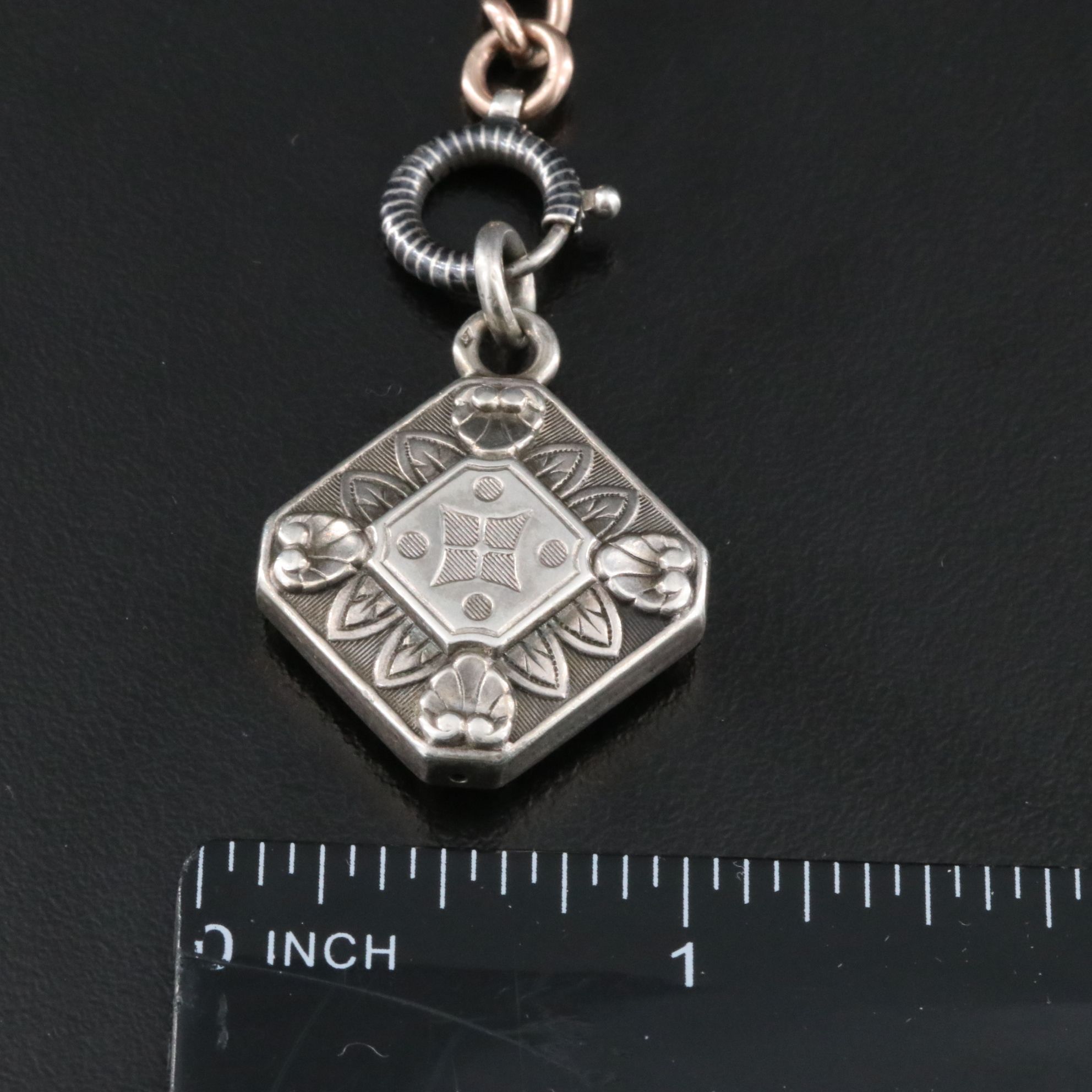 Victorian 900 Silver and 10K Rose Gold Niello Watch Chain with Fob Charm