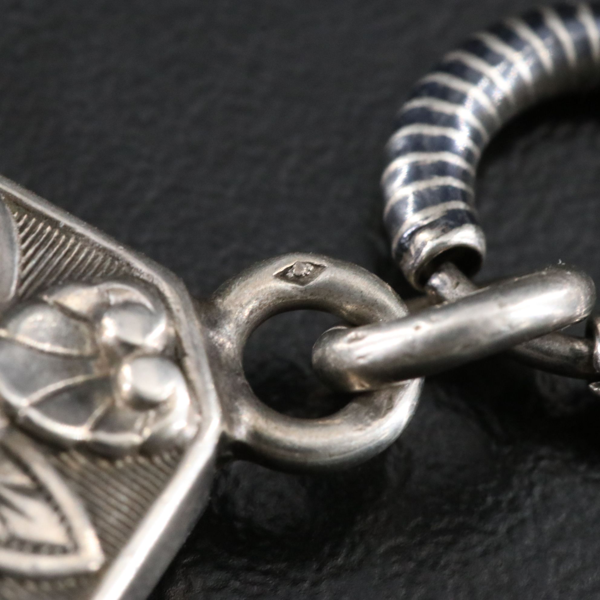 Victorian 900 Silver and 10K Rose Gold Niello Watch Chain with Fob Charm