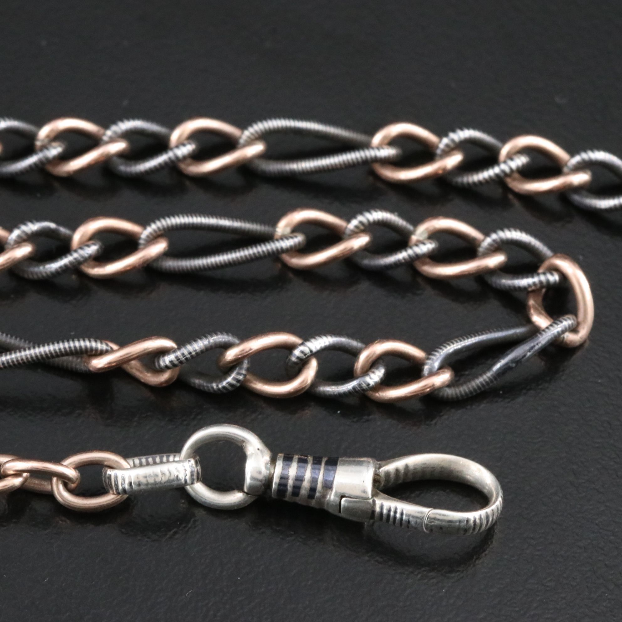 Victorian 900 Silver and 10K Rose Gold Niello Watch Chain with Fob Charm