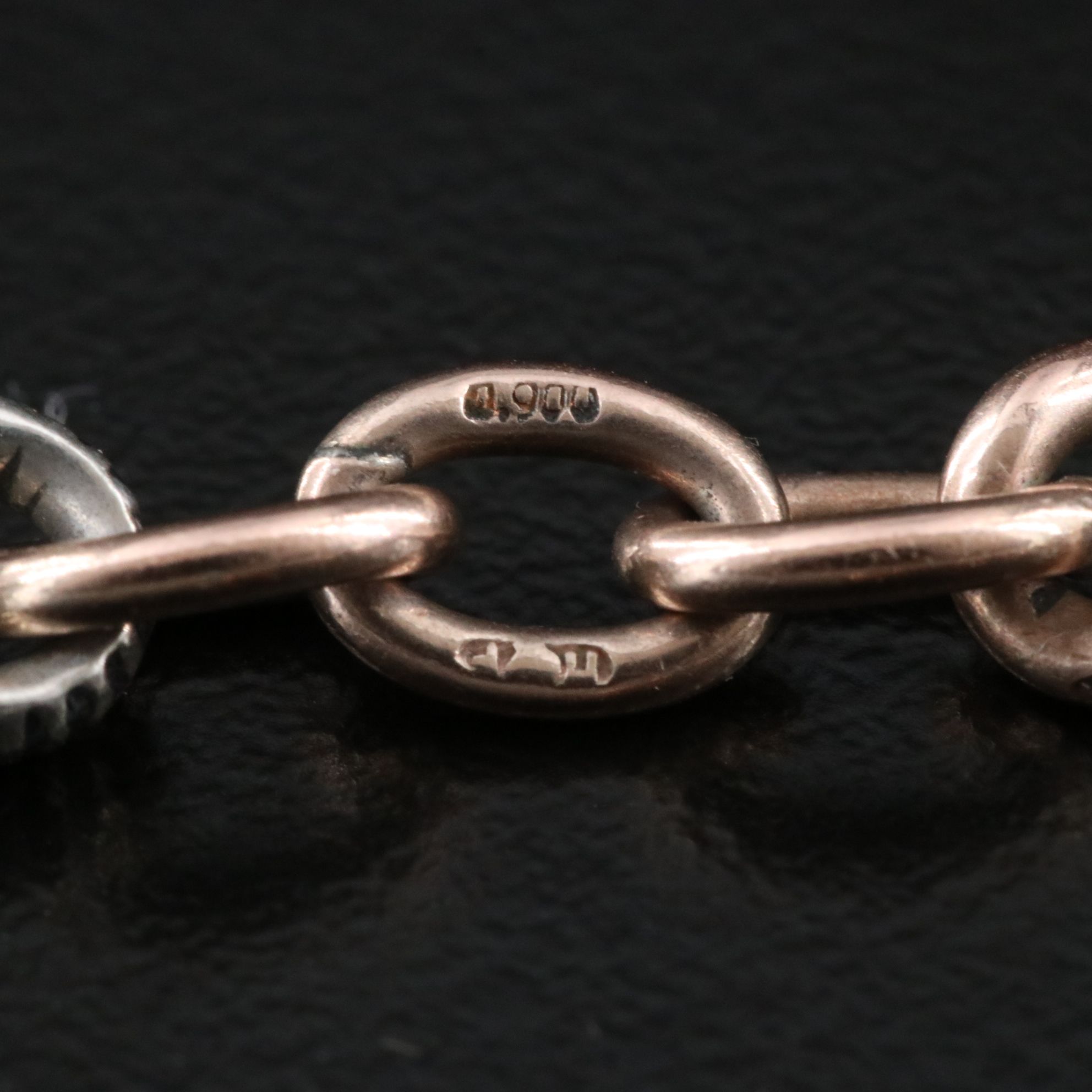 Victorian 900 Silver and 10K Rose Gold Niello Watch Chain with Fob Charm