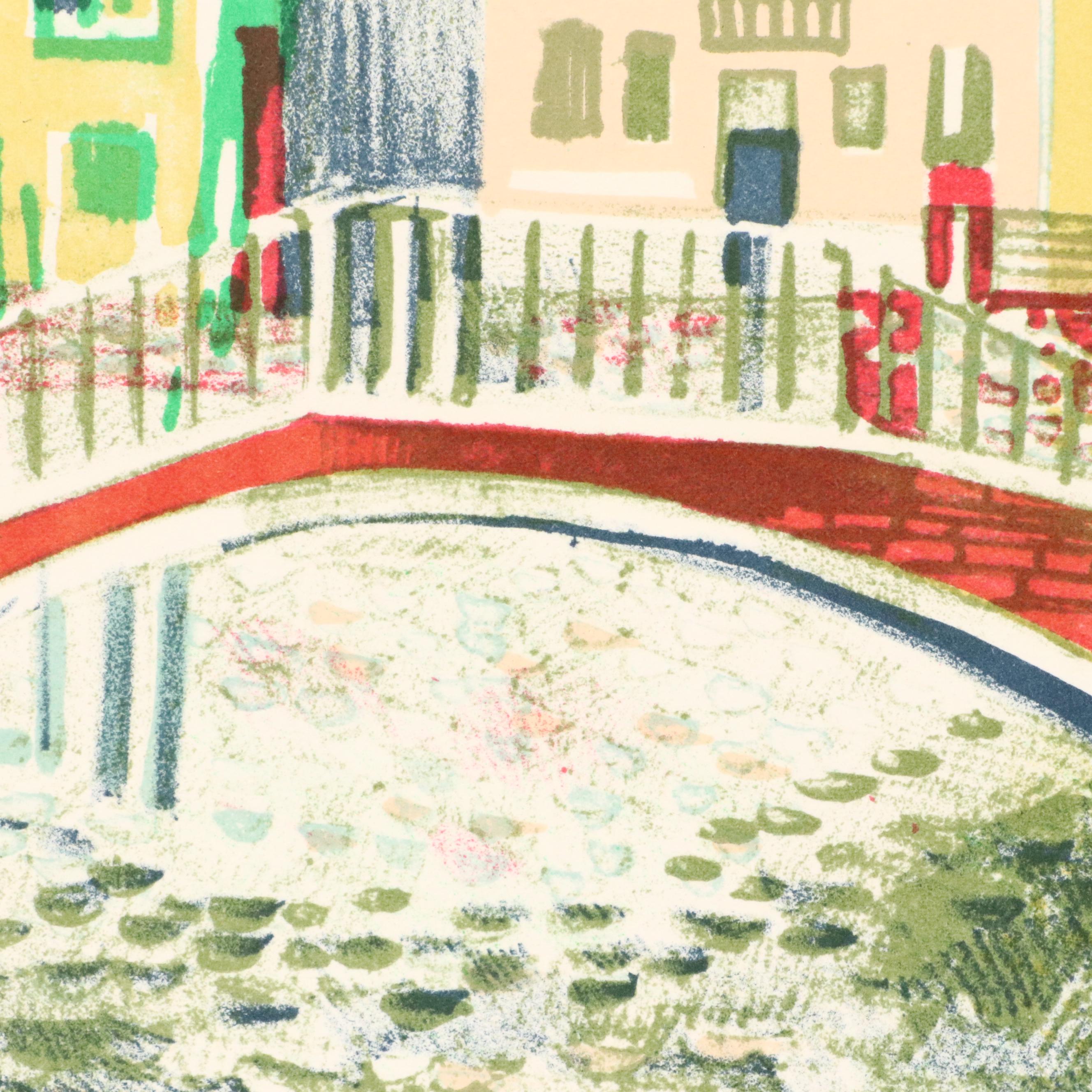 Claude Grosperrin Chromolithograph of Streetscape With Canal, Circa 1950