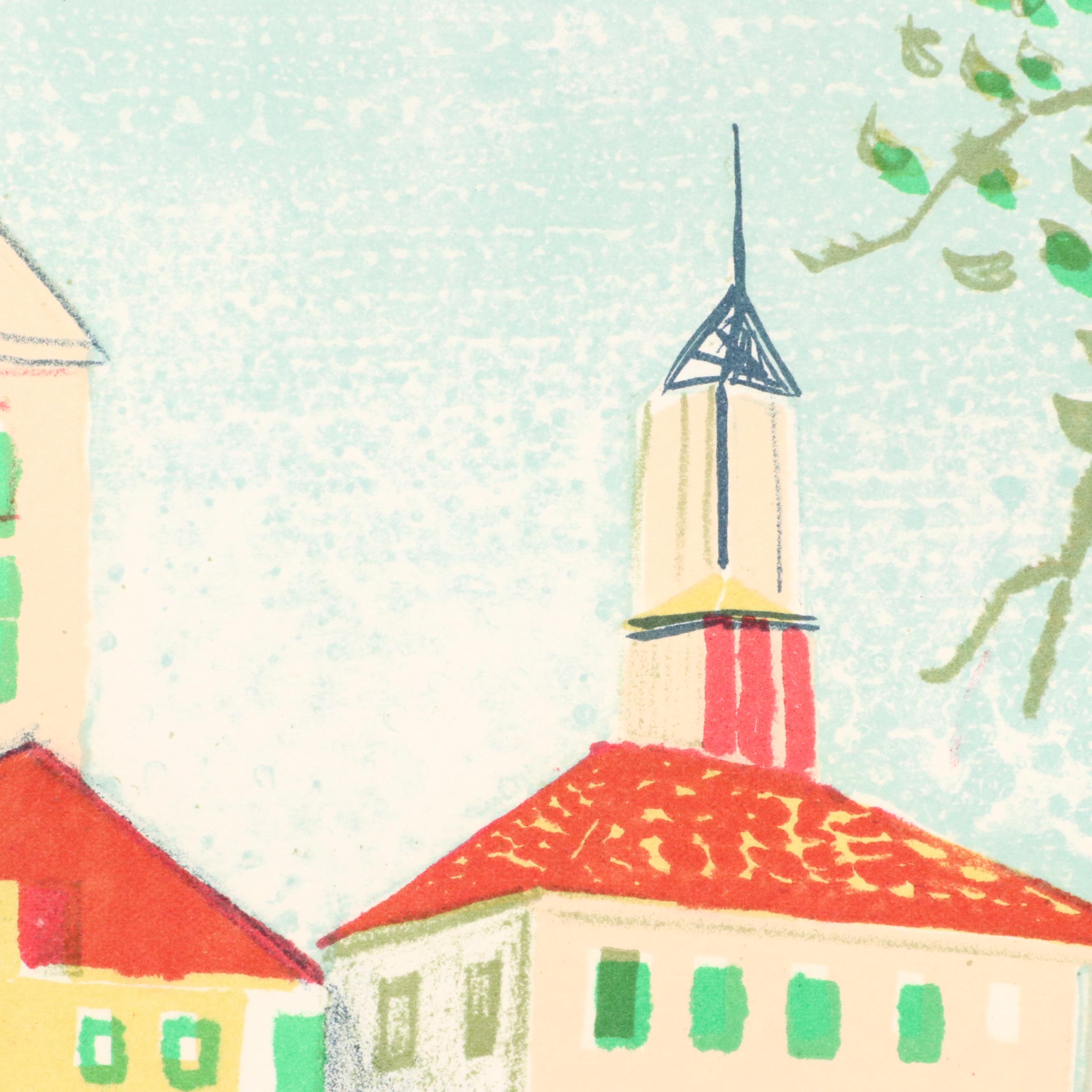 Claude Grosperrin Chromolithograph of Streetscape With Canal, Circa 1950