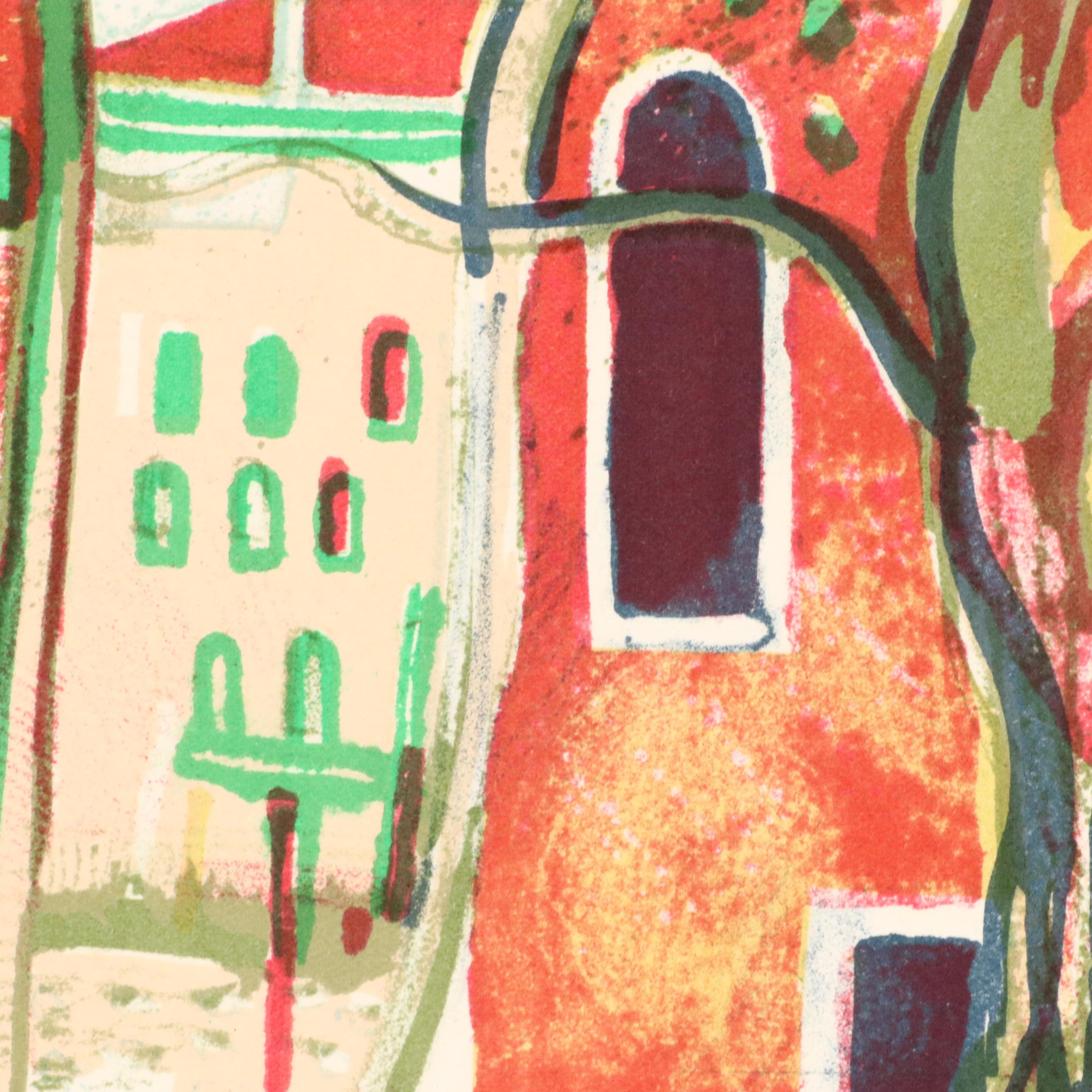 Claude Grosperrin Chromolithograph of Streetscape With Canal, Circa 1950