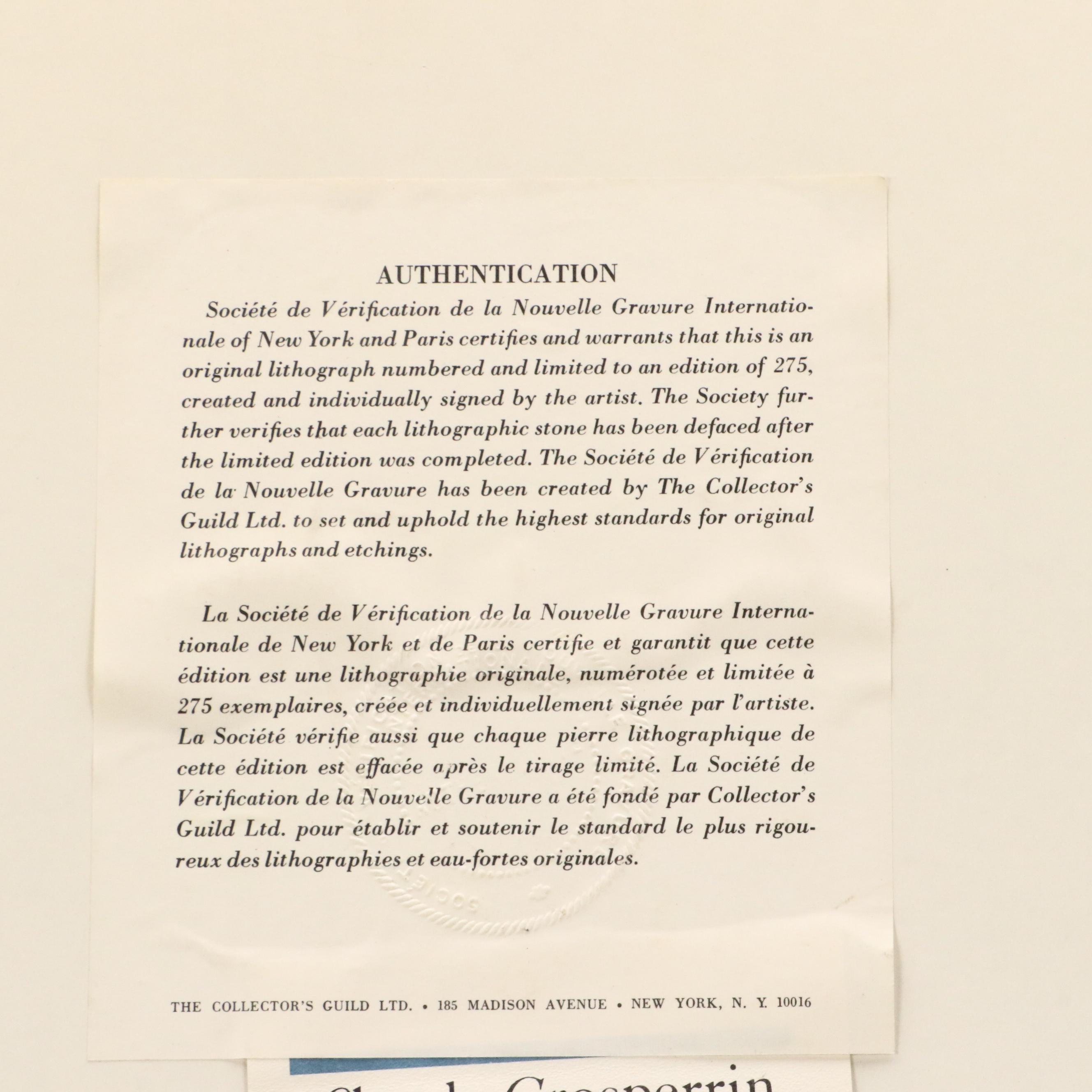 Claude Grosperrin Chromolithograph of Streetscape With Canal, Circa 1950