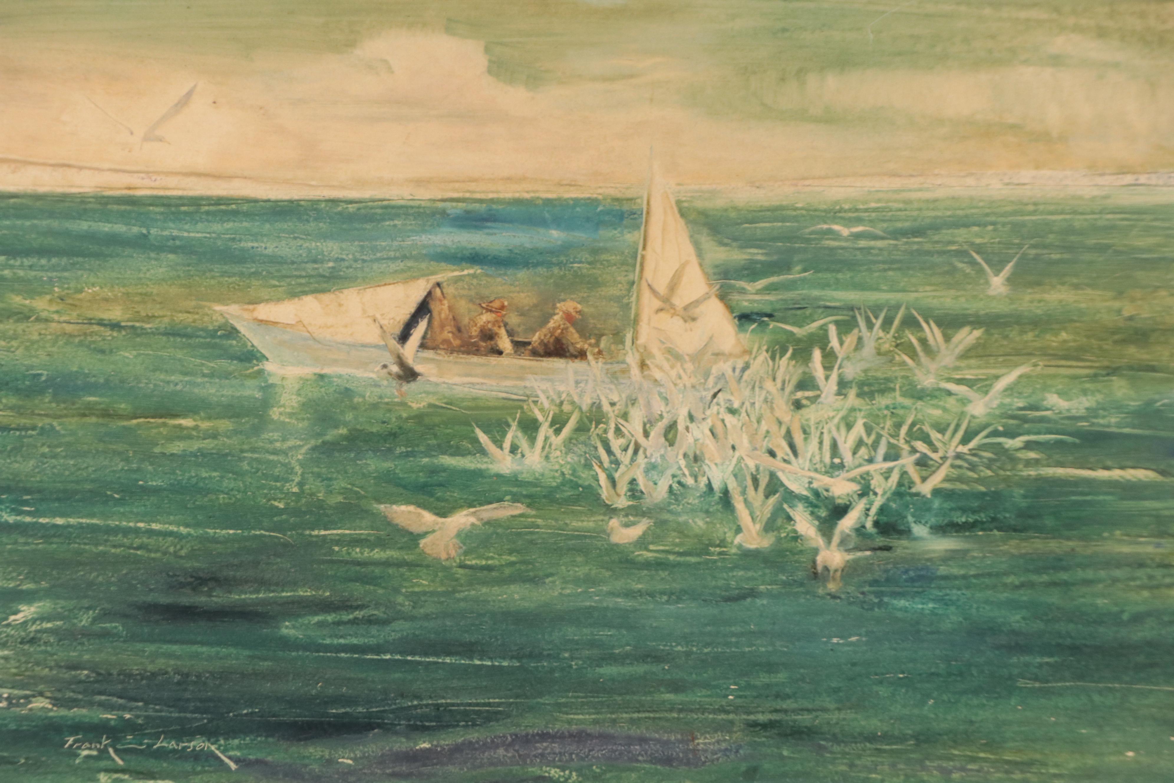 Frank E. Larson Oil Painting of Fishing Boat Surrounded by Gulls, Circa 1950