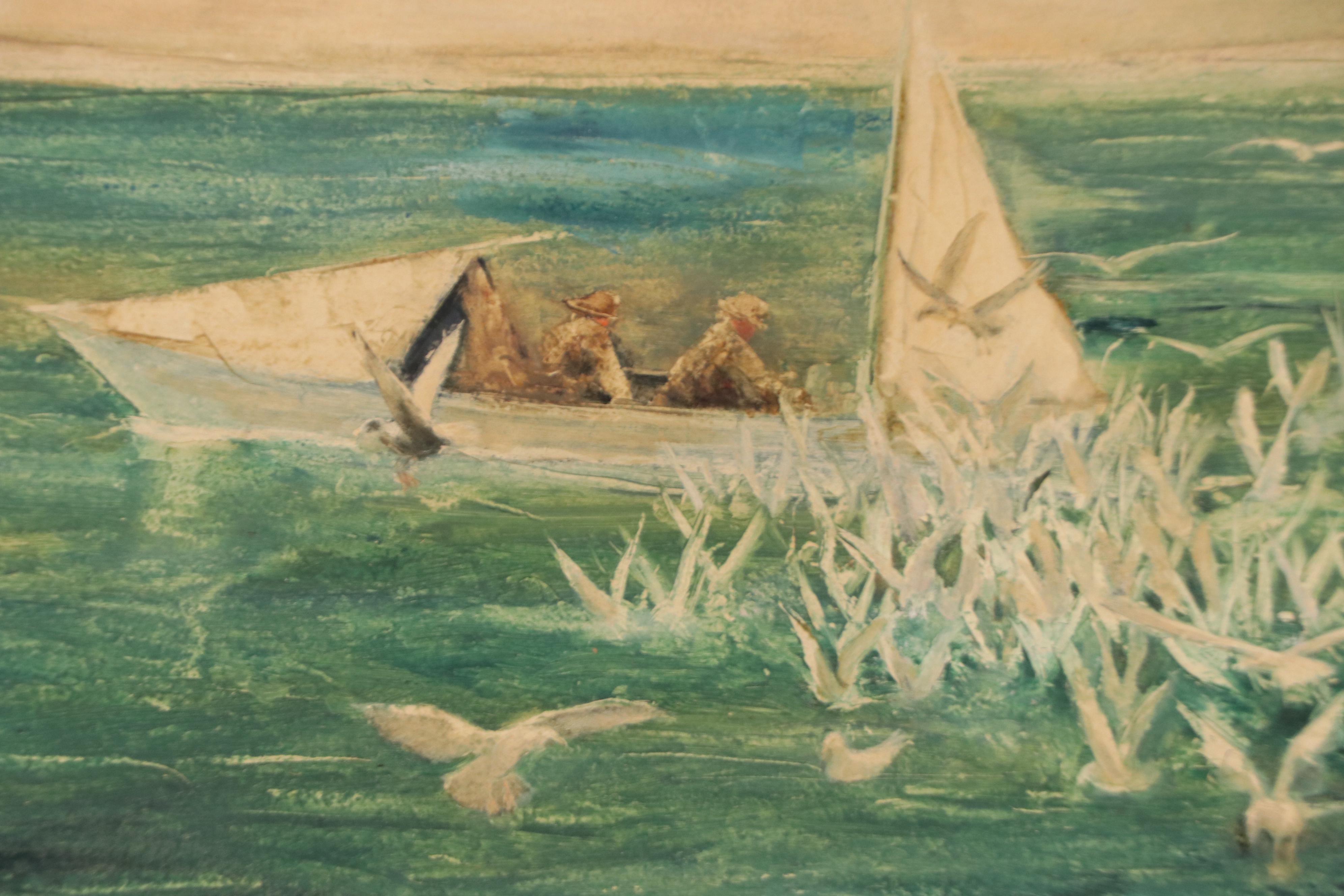 Frank E. Larson Oil Painting of Fishing Boat Surrounded by Gulls, Circa 1950