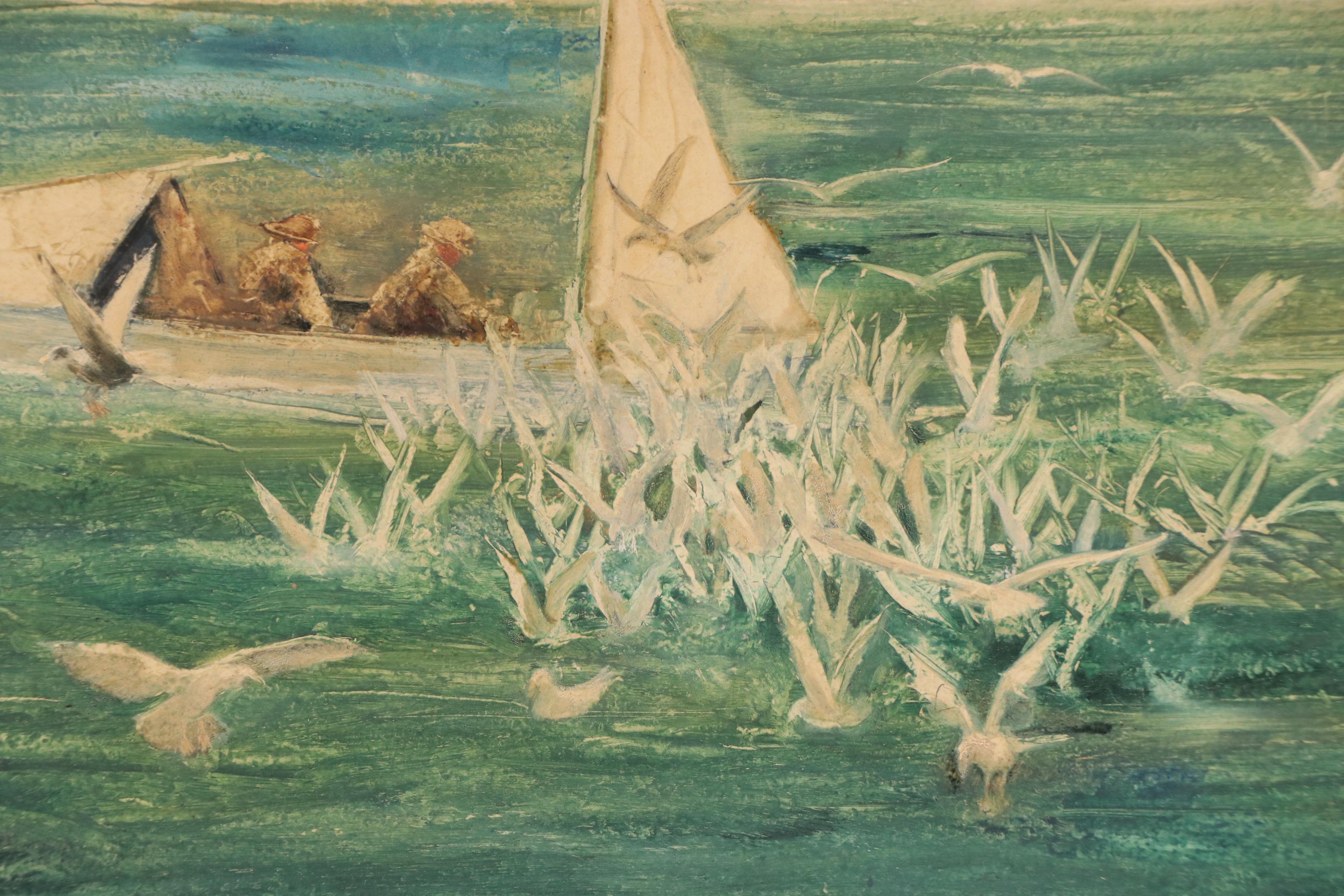 Frank E. Larson Oil Painting of Fishing Boat Surrounded by Gulls, Circa 1950
