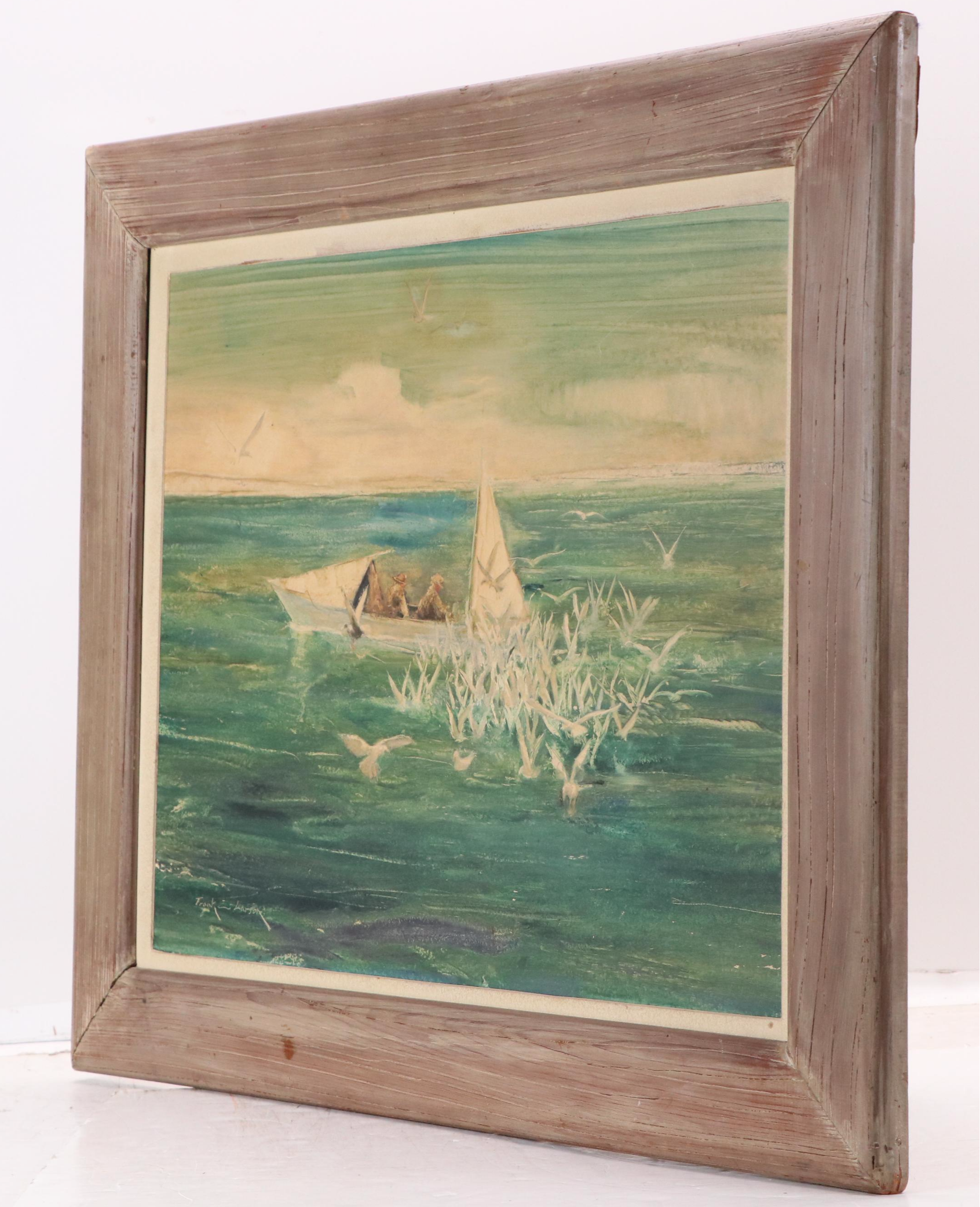 Frank E. Larson Oil Painting of Fishing Boat Surrounded by Gulls, Circa 1950