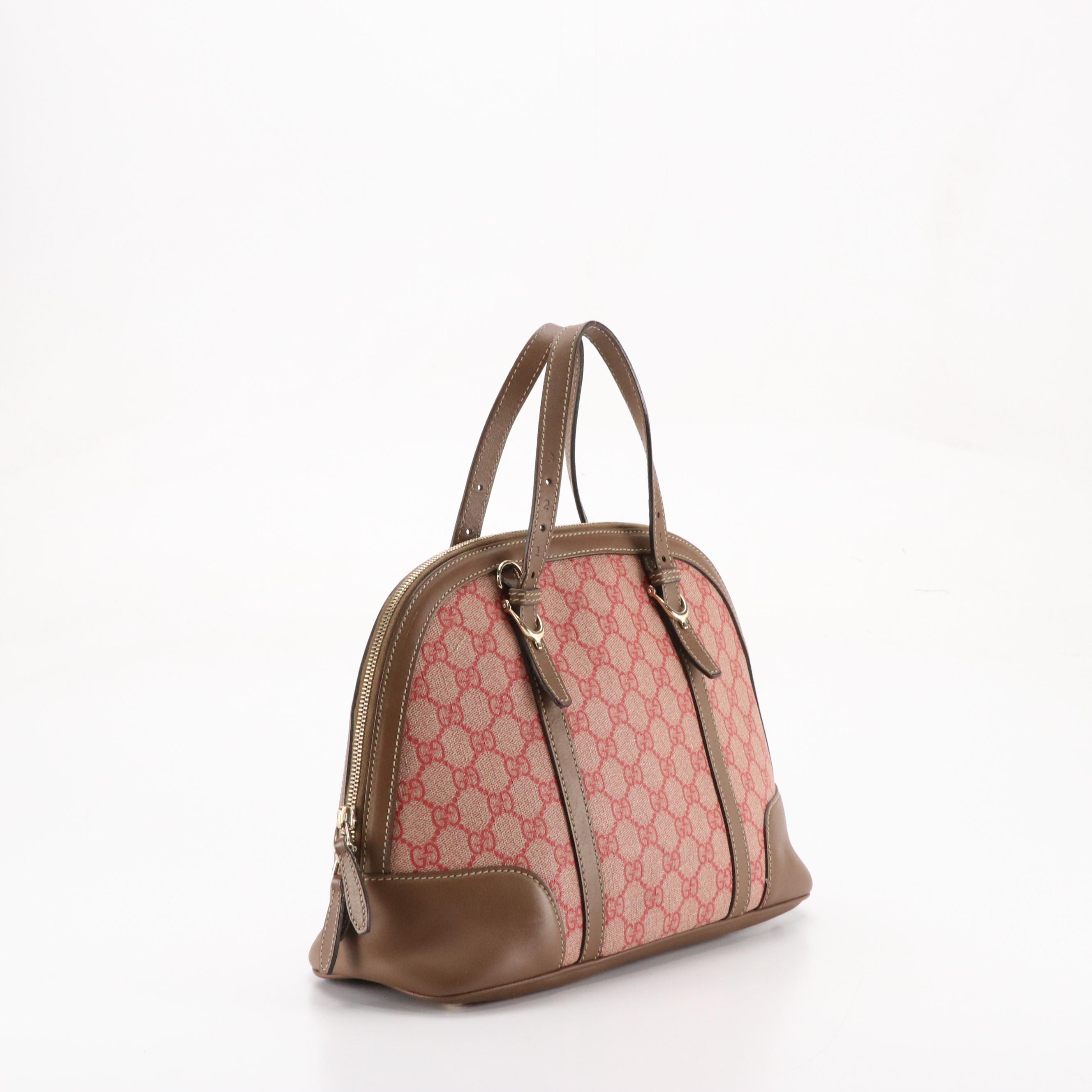 Gucci Domed Two-Way Satchel in Pink GG Supreme Canvas and Brown Leather Trim