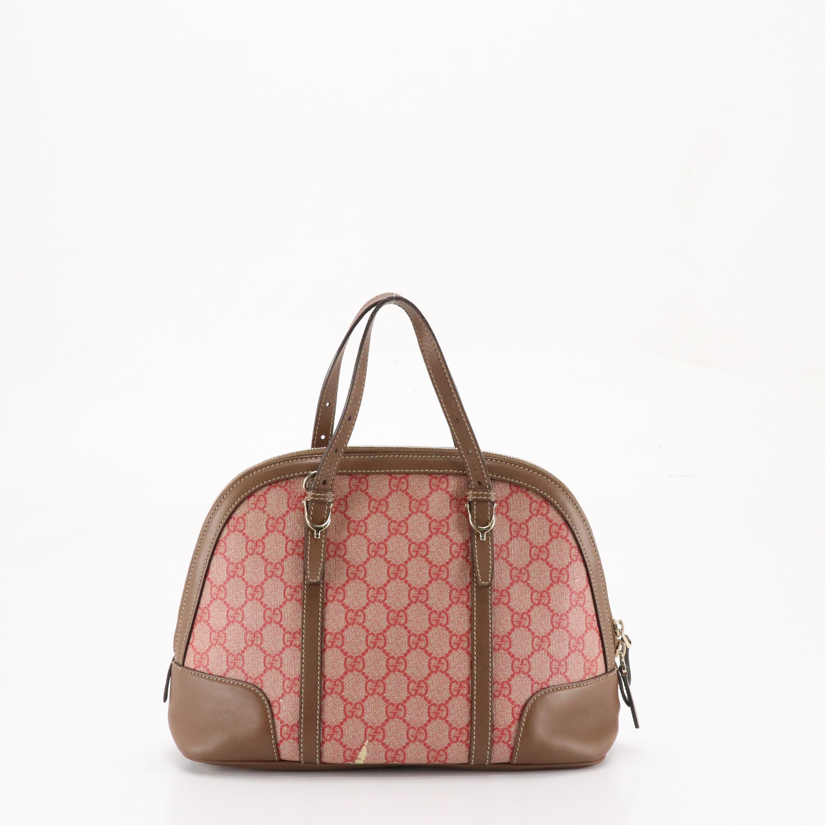 Gucci Domed Two-Way Satchel in Pink GG Supreme Canvas and Brown Leather Trim
