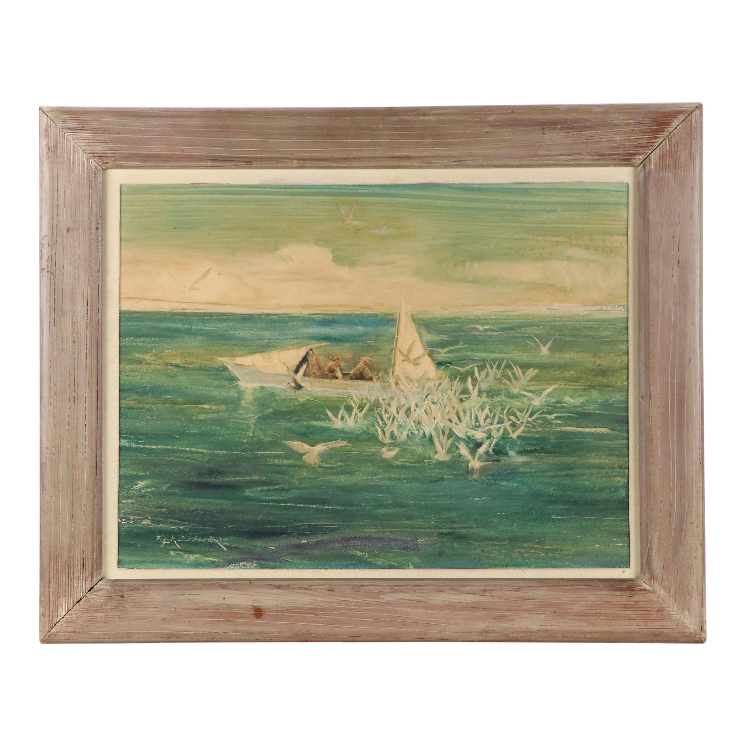 Frank E. Larson Oil Painting of Fishing Boat Surrounded by Gulls, Circa 1950
