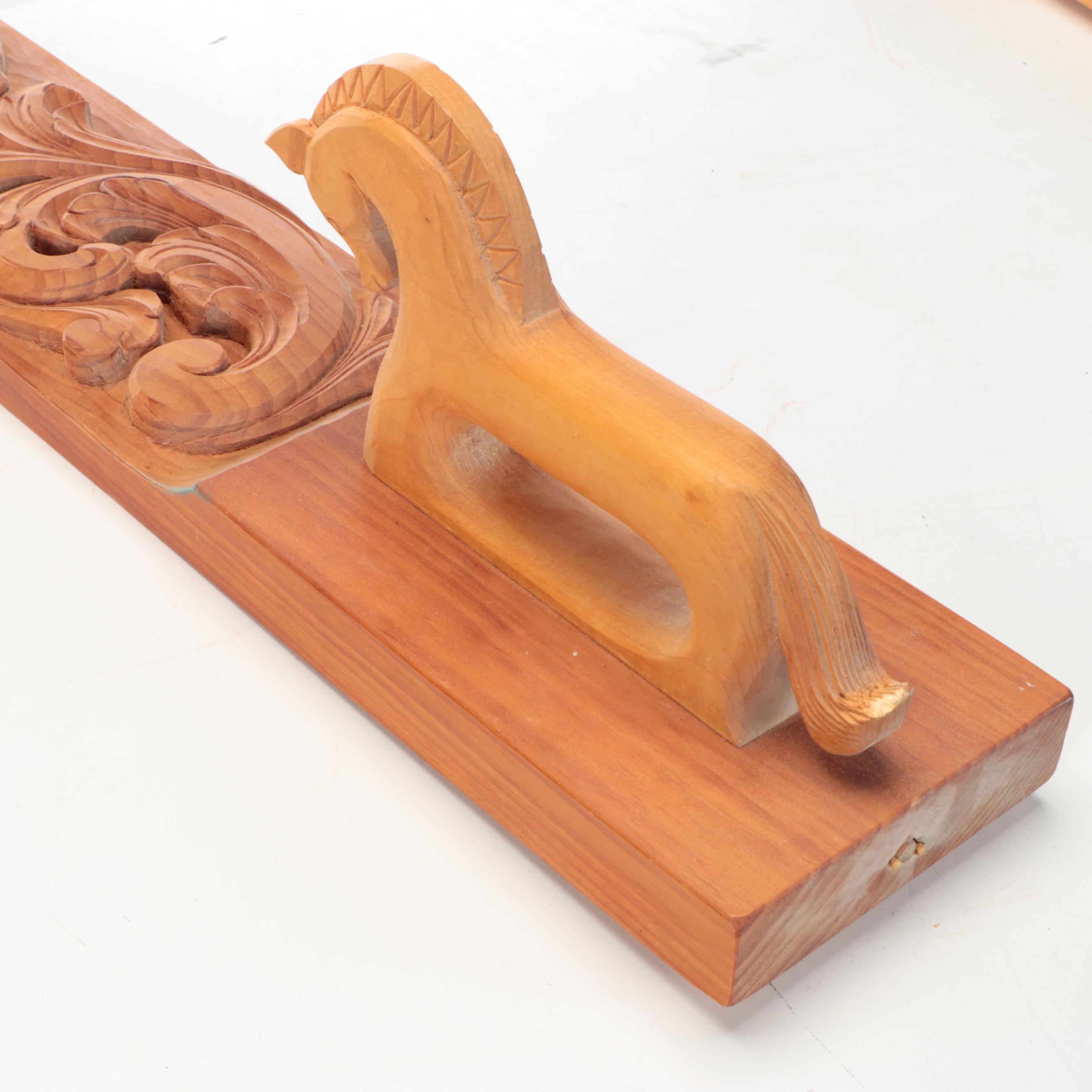 Artist Signed Carved Wooden Horse Mangle Board and Wooden Rolling Pin