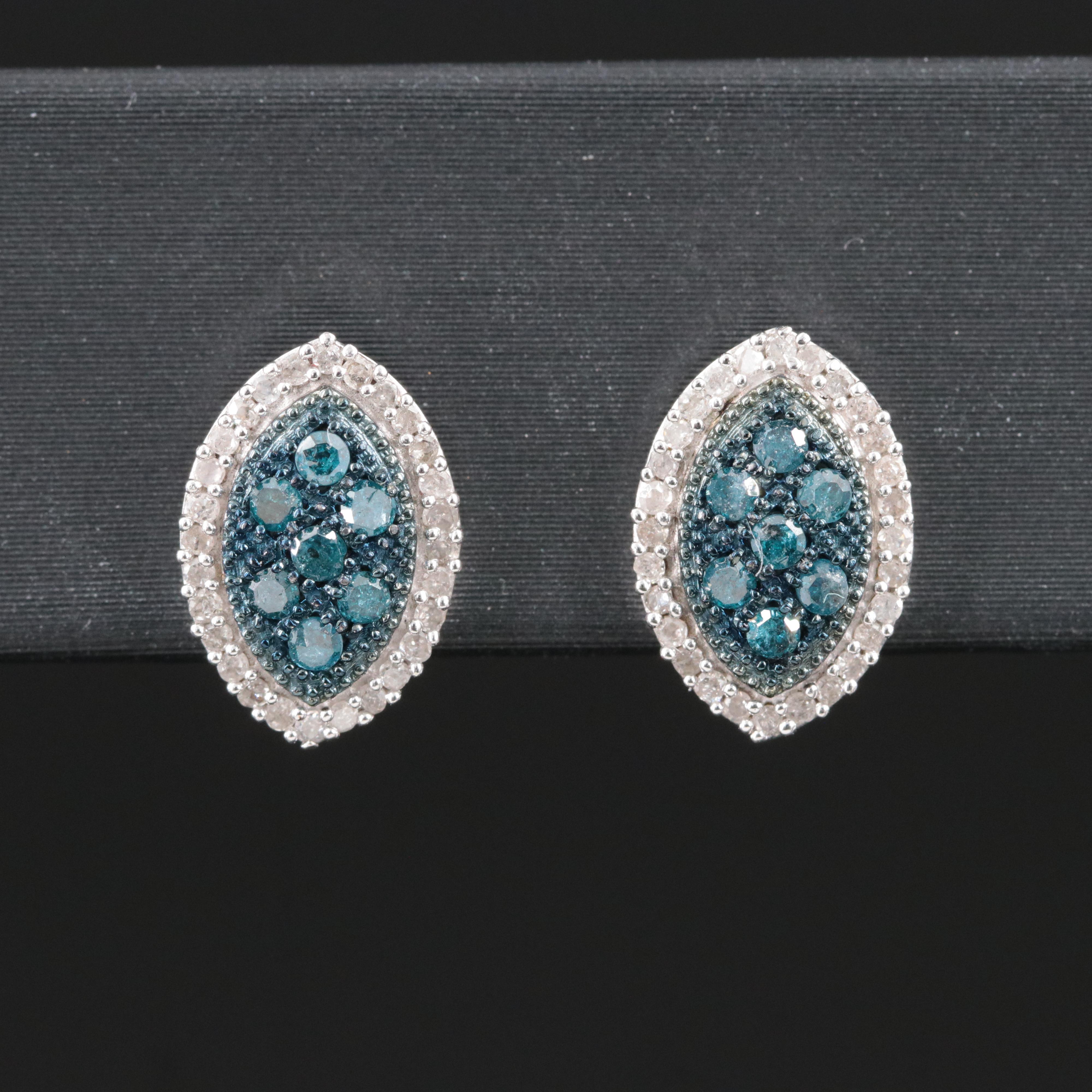 Sterling Diamond Navette Earrings with Lab Grown Fancy Blue Diamonds