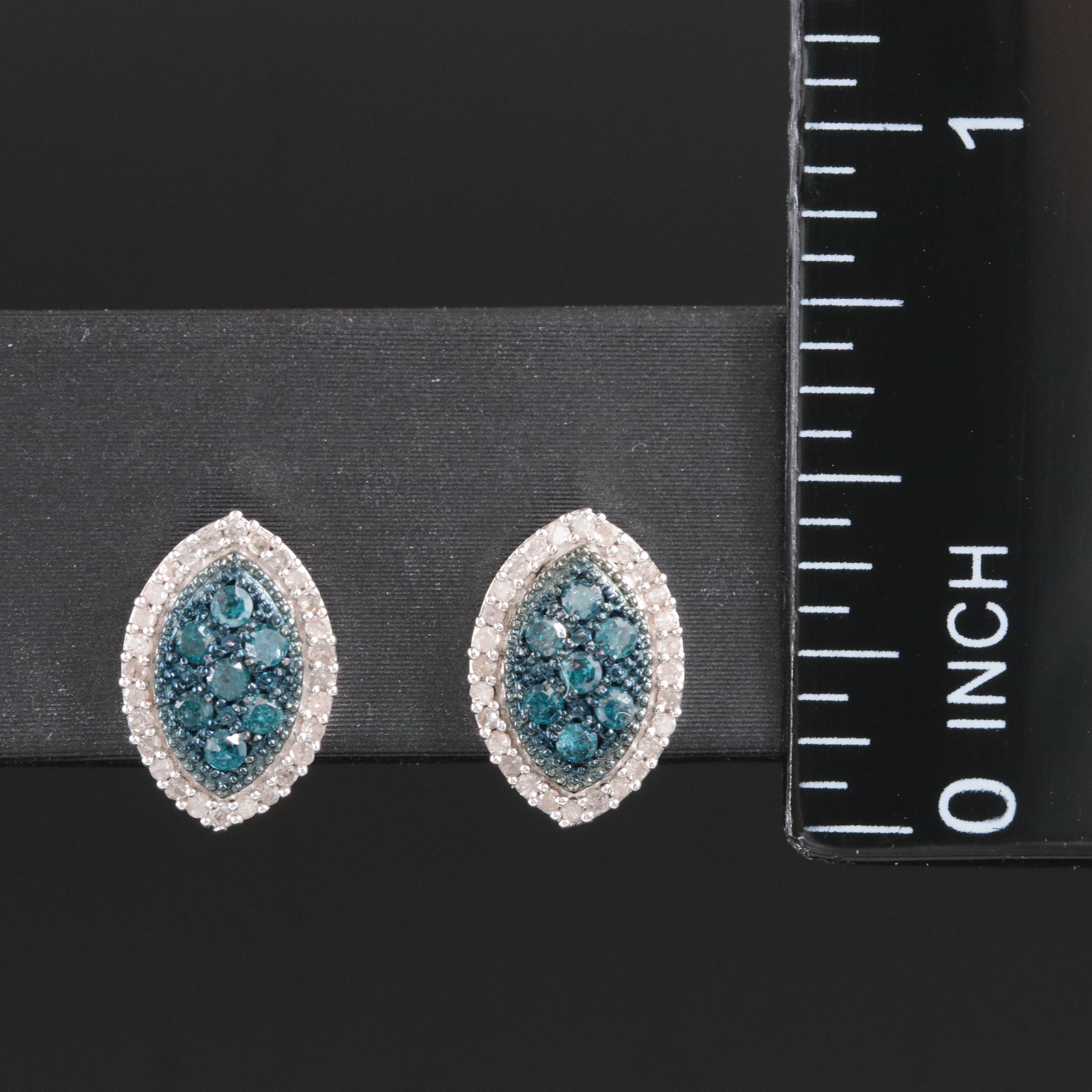 Sterling Diamond Navette Earrings with Lab Grown Fancy Blue Diamonds