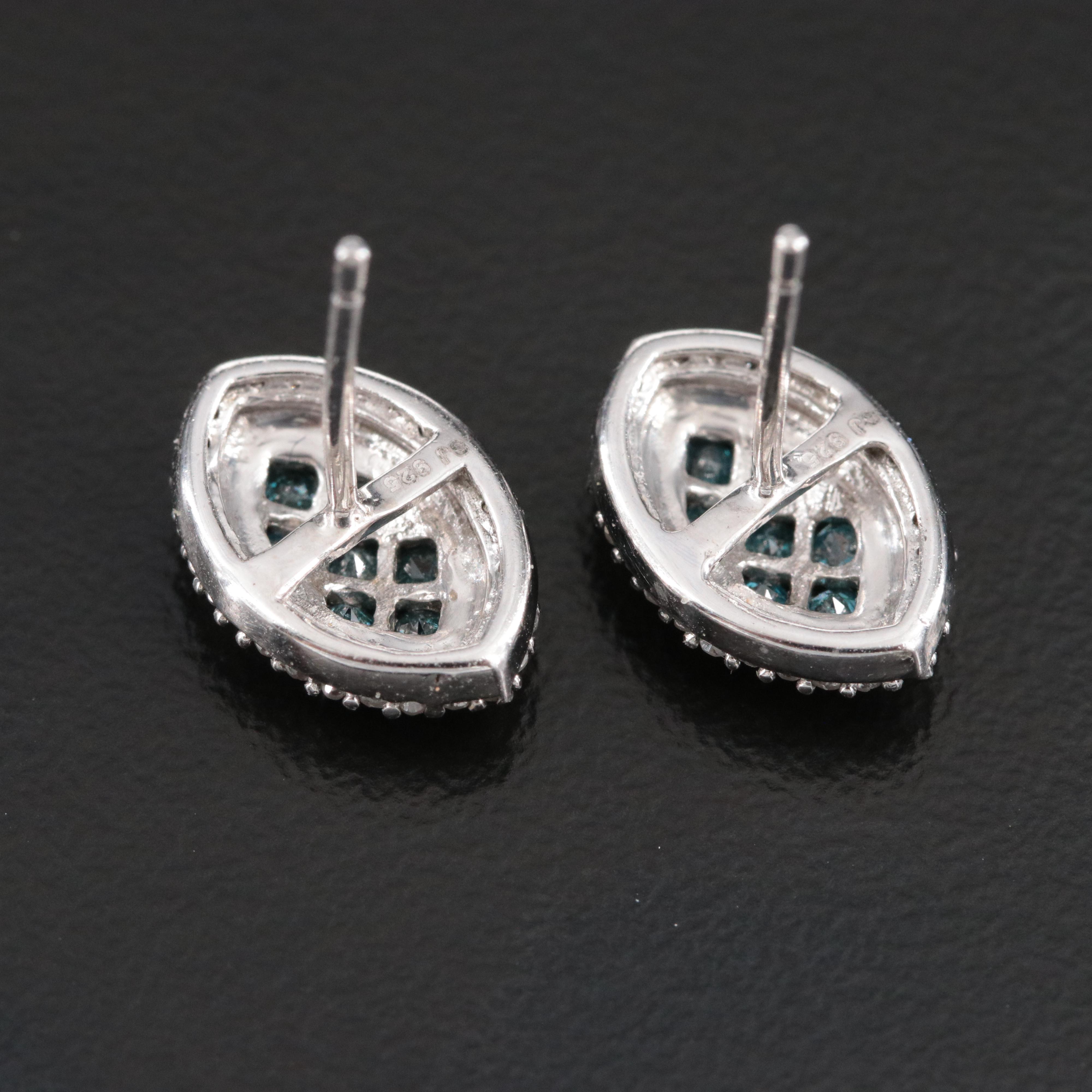 Sterling Diamond Navette Earrings with Lab Grown Fancy Blue Diamonds