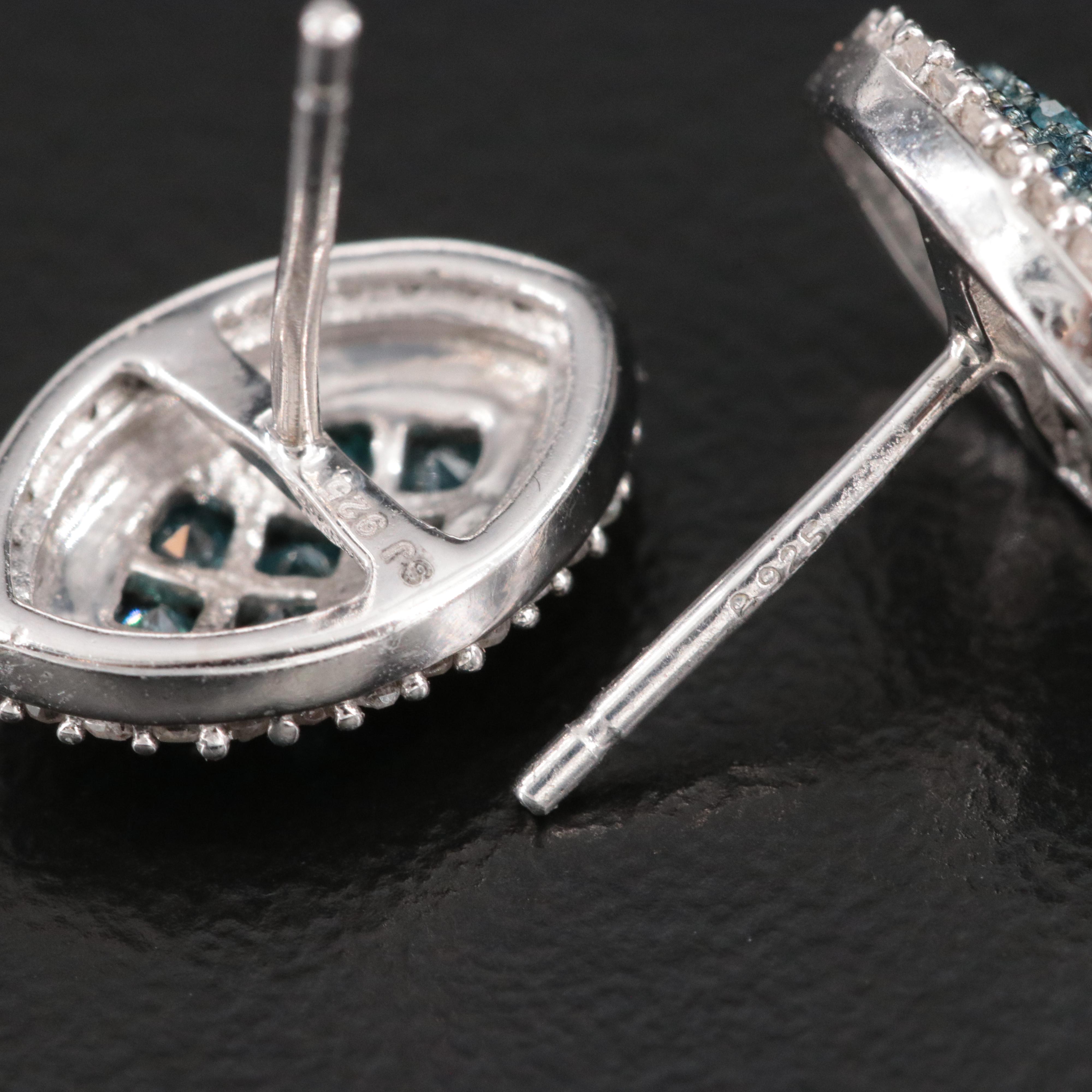 Sterling Diamond Navette Earrings with Lab Grown Fancy Blue Diamonds