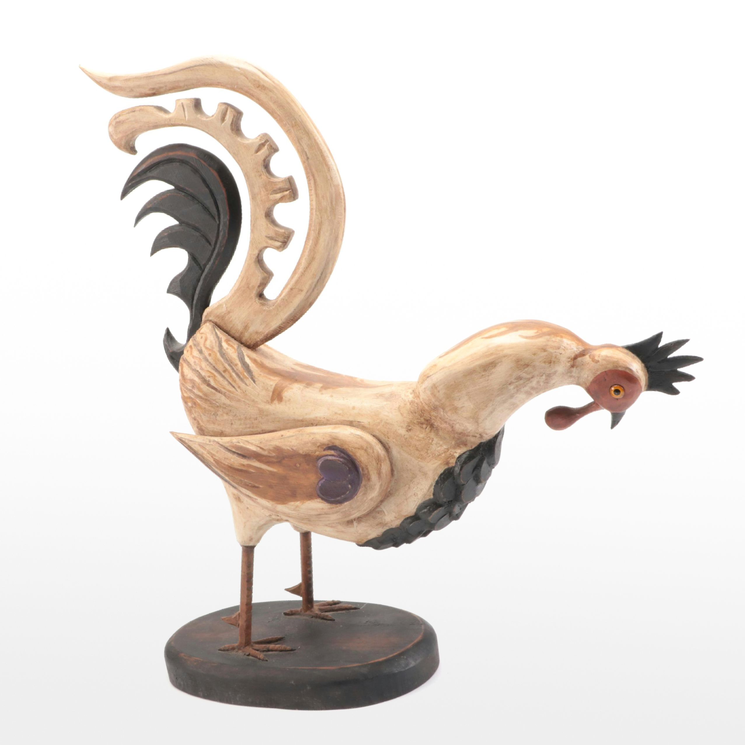 Folk Art Farmhouse Style Painted Wood Rooster