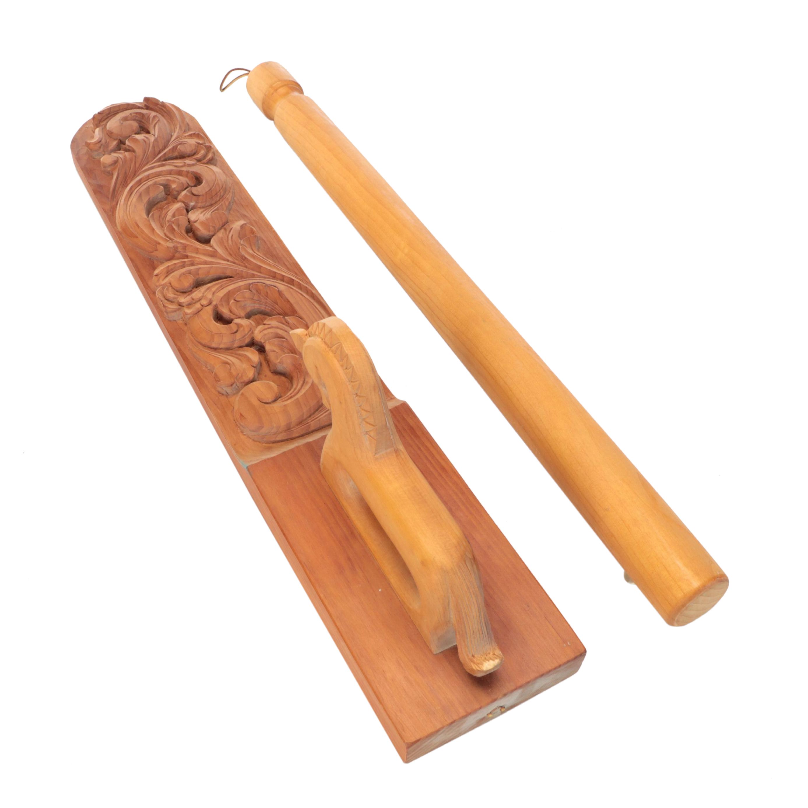 Artist Signed Carved Wooden Horse Mangle Board and Wooden Rolling Pin