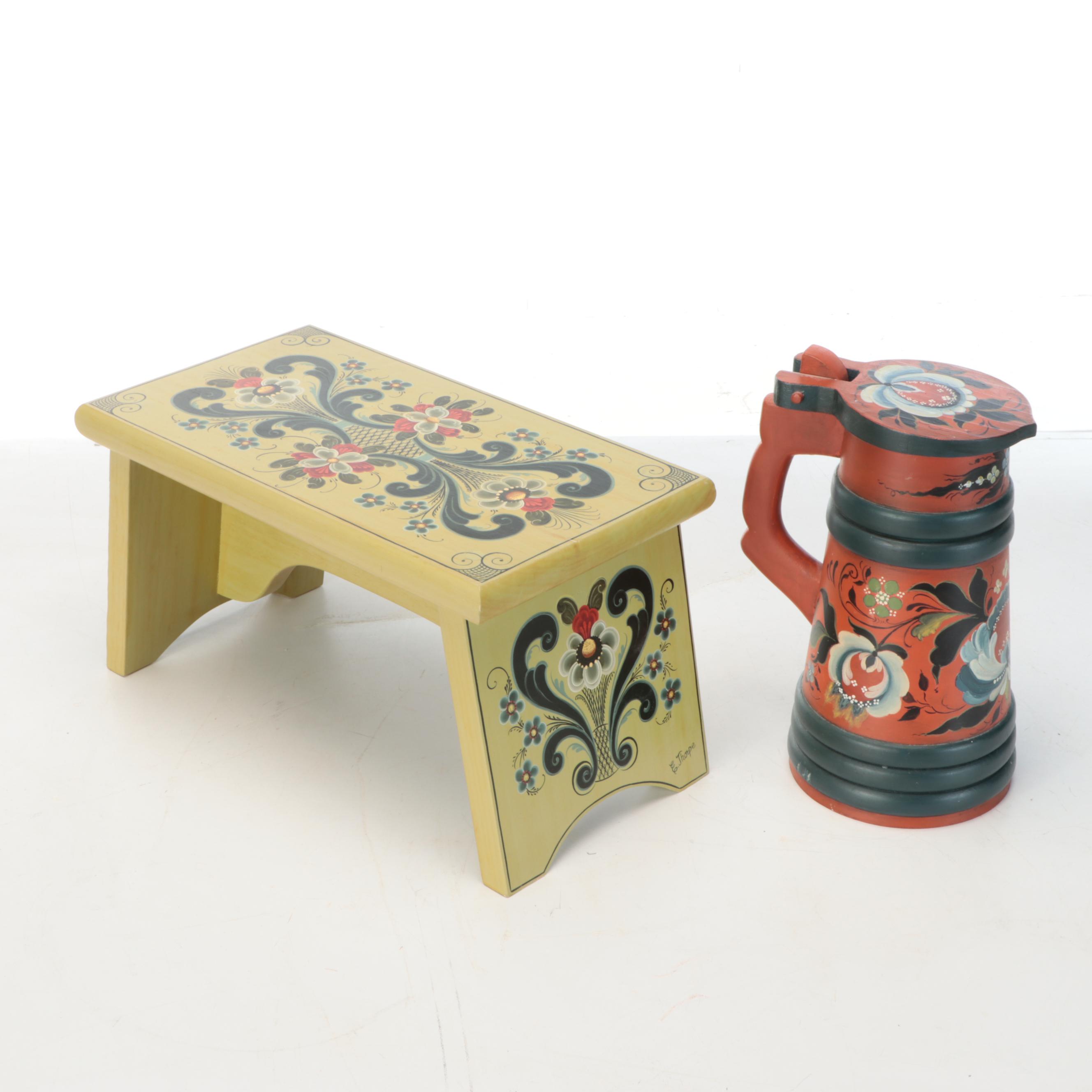 Rosemaling Wooden Footstool with Rosemaling Wooden Pitcher