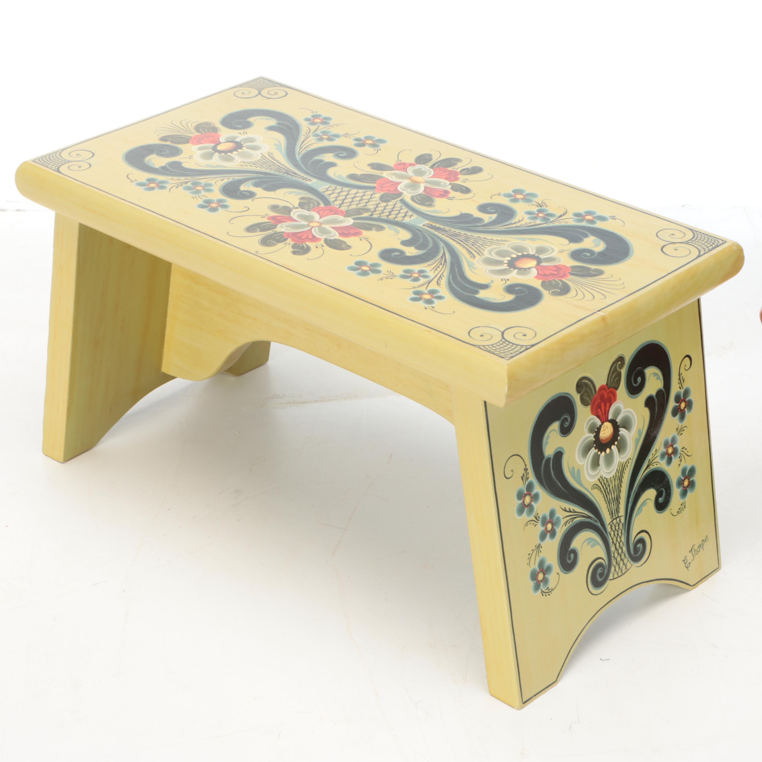 Rosemaling Wooden Footstool with Rosemaling Wooden Pitcher