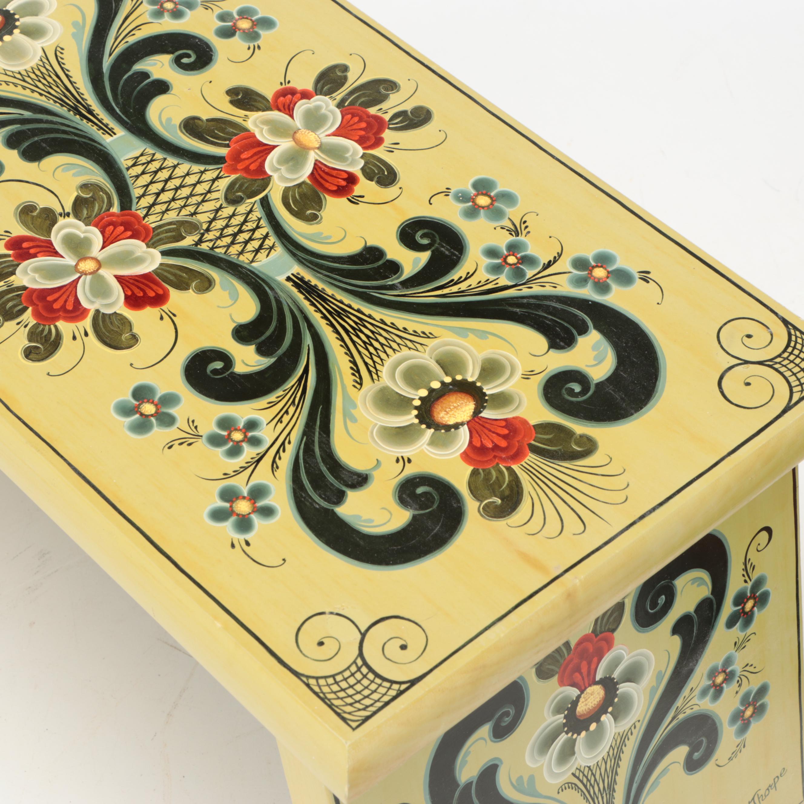 Rosemaling Wooden Footstool with Rosemaling Wooden Pitcher