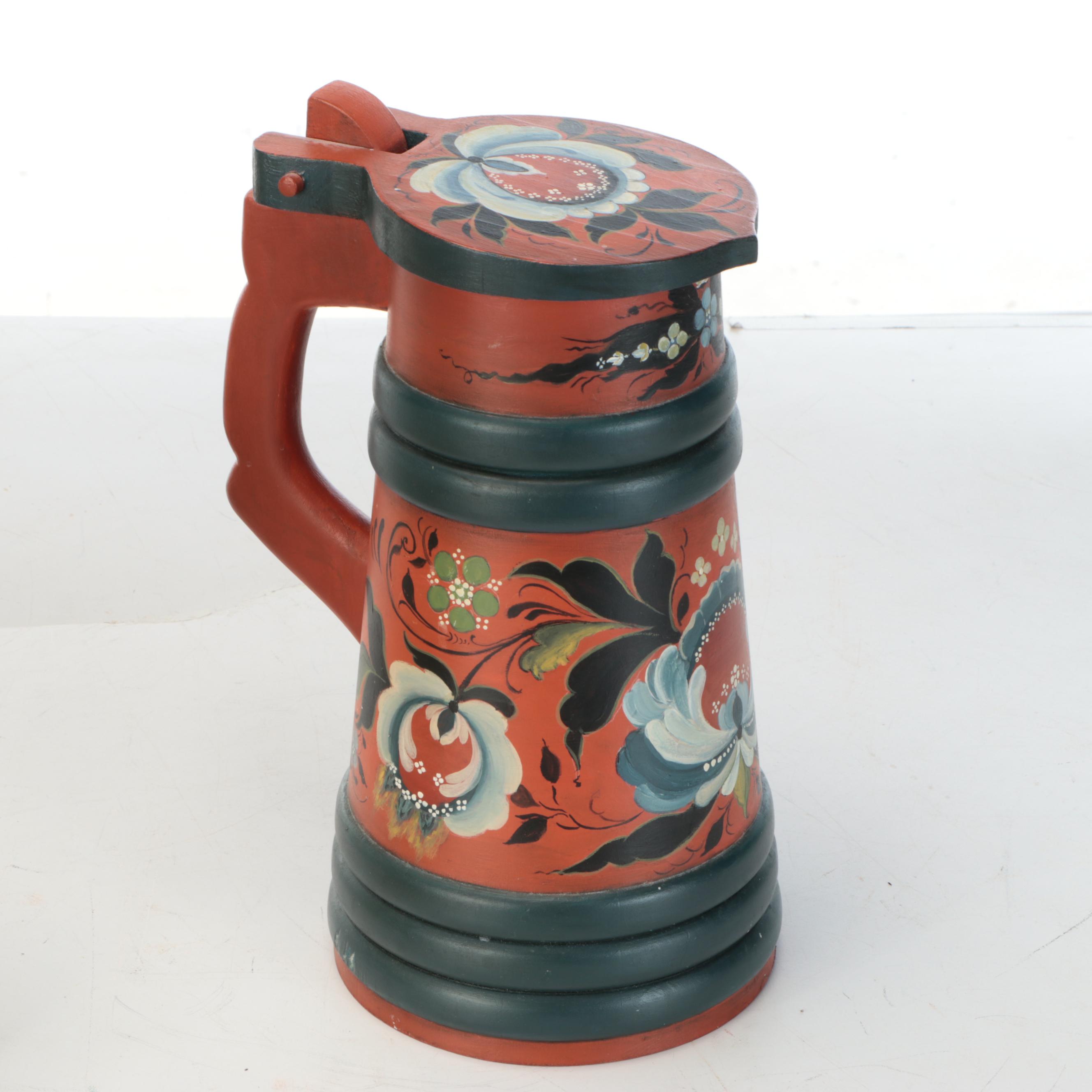 Rosemaling Wooden Footstool with Rosemaling Wooden Pitcher