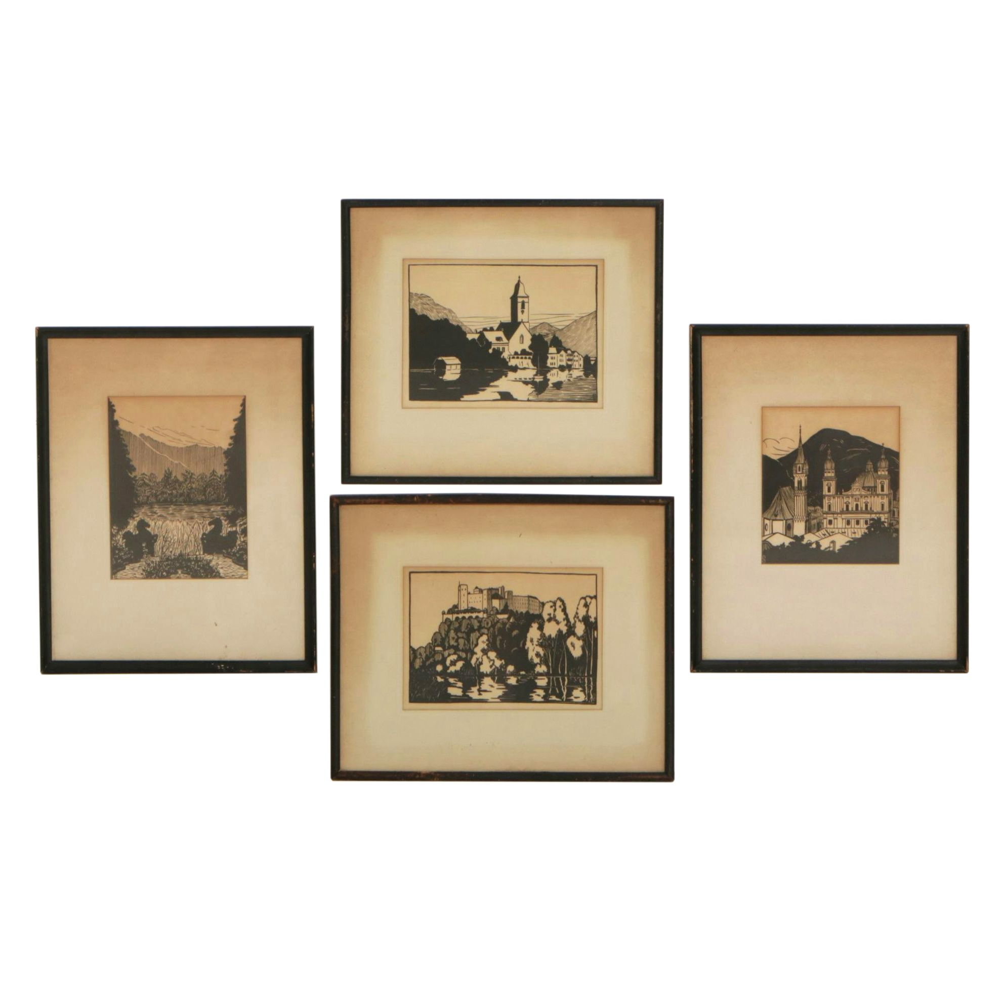 Lucie Sayler Two-Tone Woodcut Prints of Austrian Cities & Landmarks, 1920
