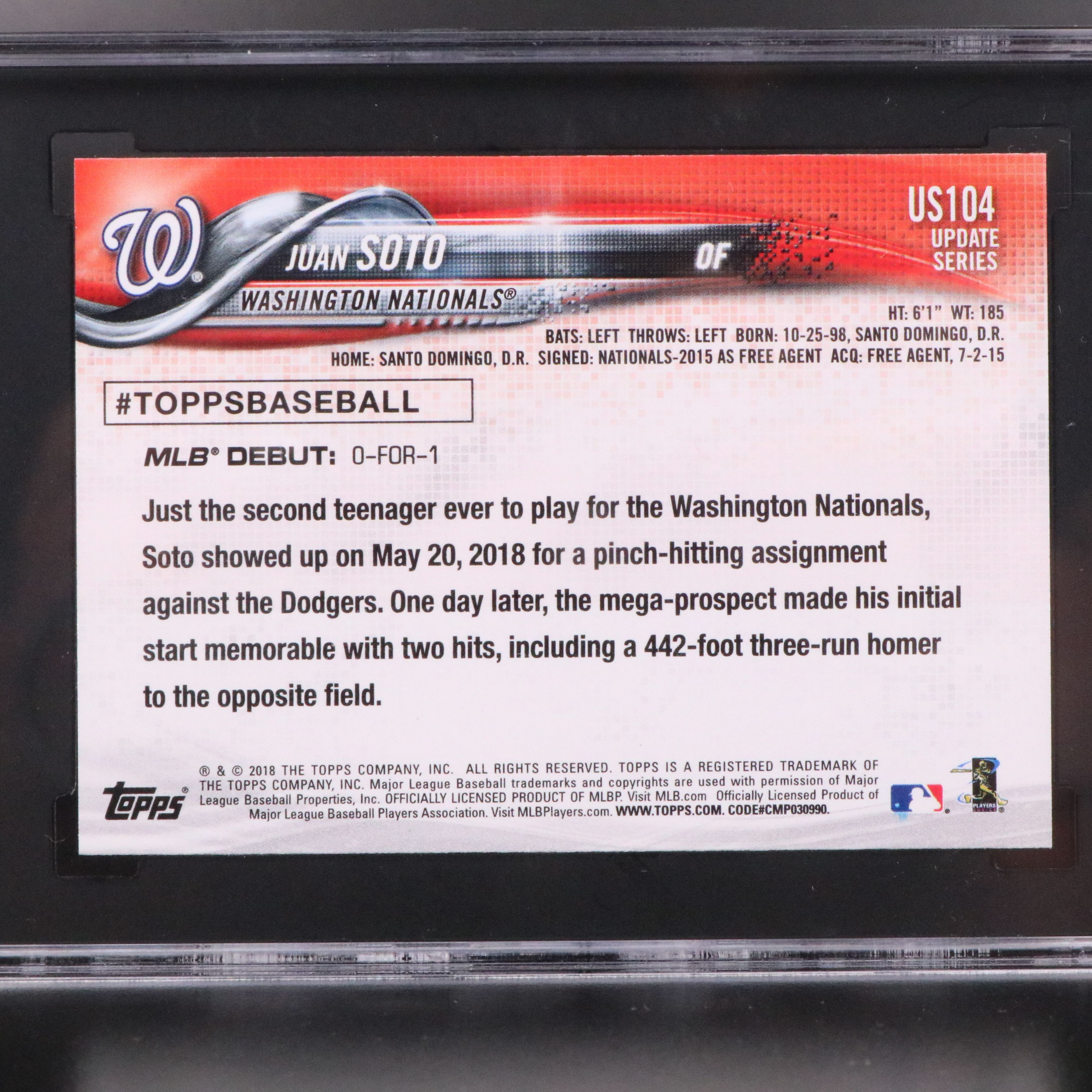 2018 Topps Update Juan Soto Washington Nationals Rookie Card Graded SGC 10