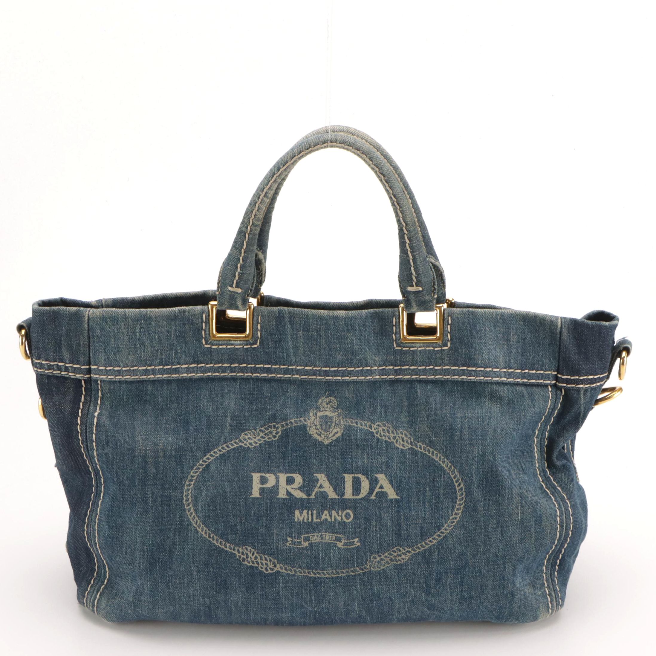 Prada Canapa Logo Denim Two-Way Tote