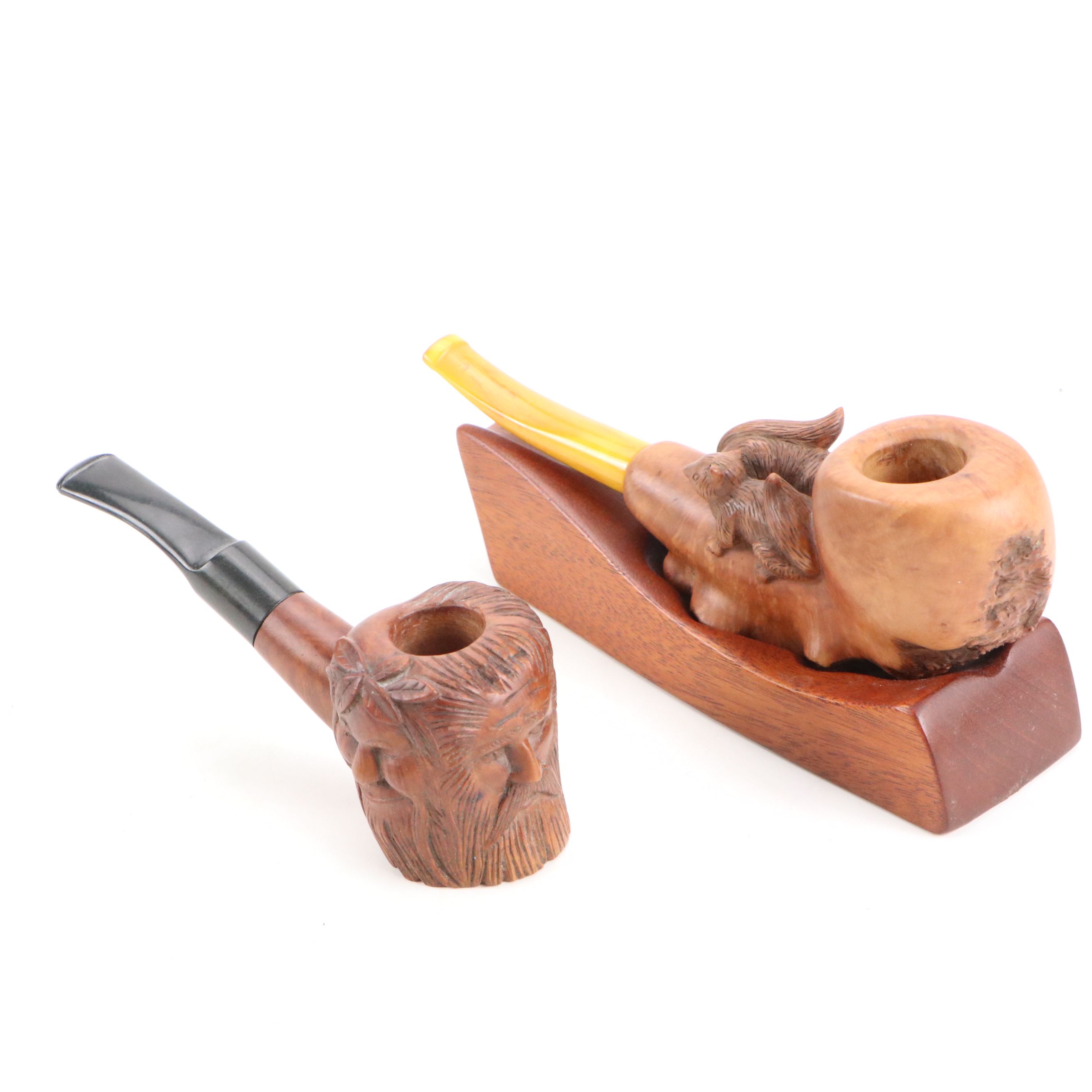 Burl and Briar Wood Tobacco Pipes with Pipe Rest