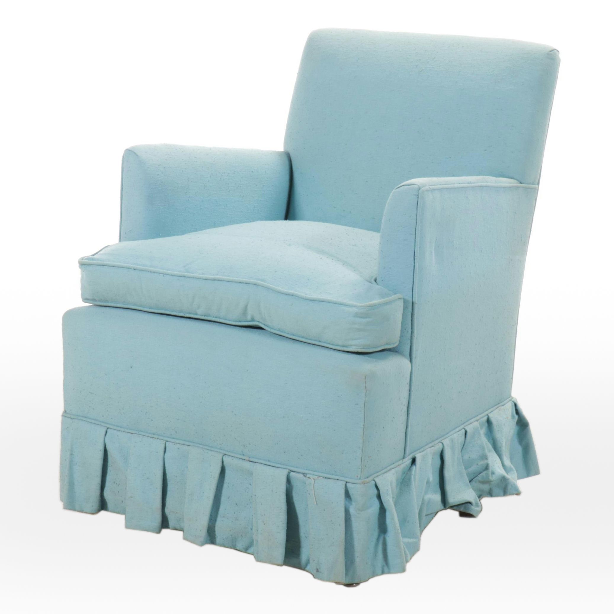 Blue Fabric Upholstered and Skirted Armchair, Mid-20th Century