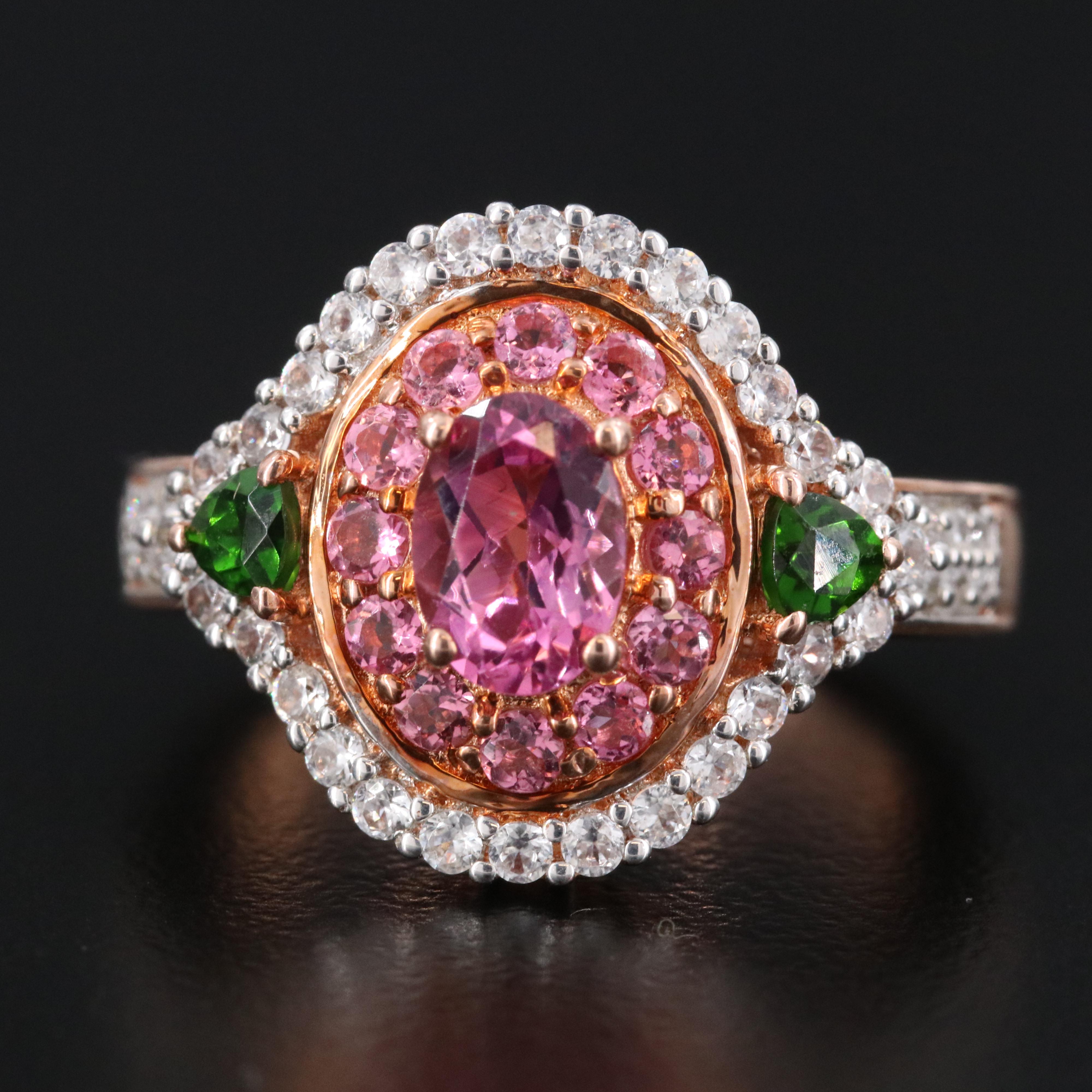 Sterling Tourmaline, Diopside and White Zircon Ring