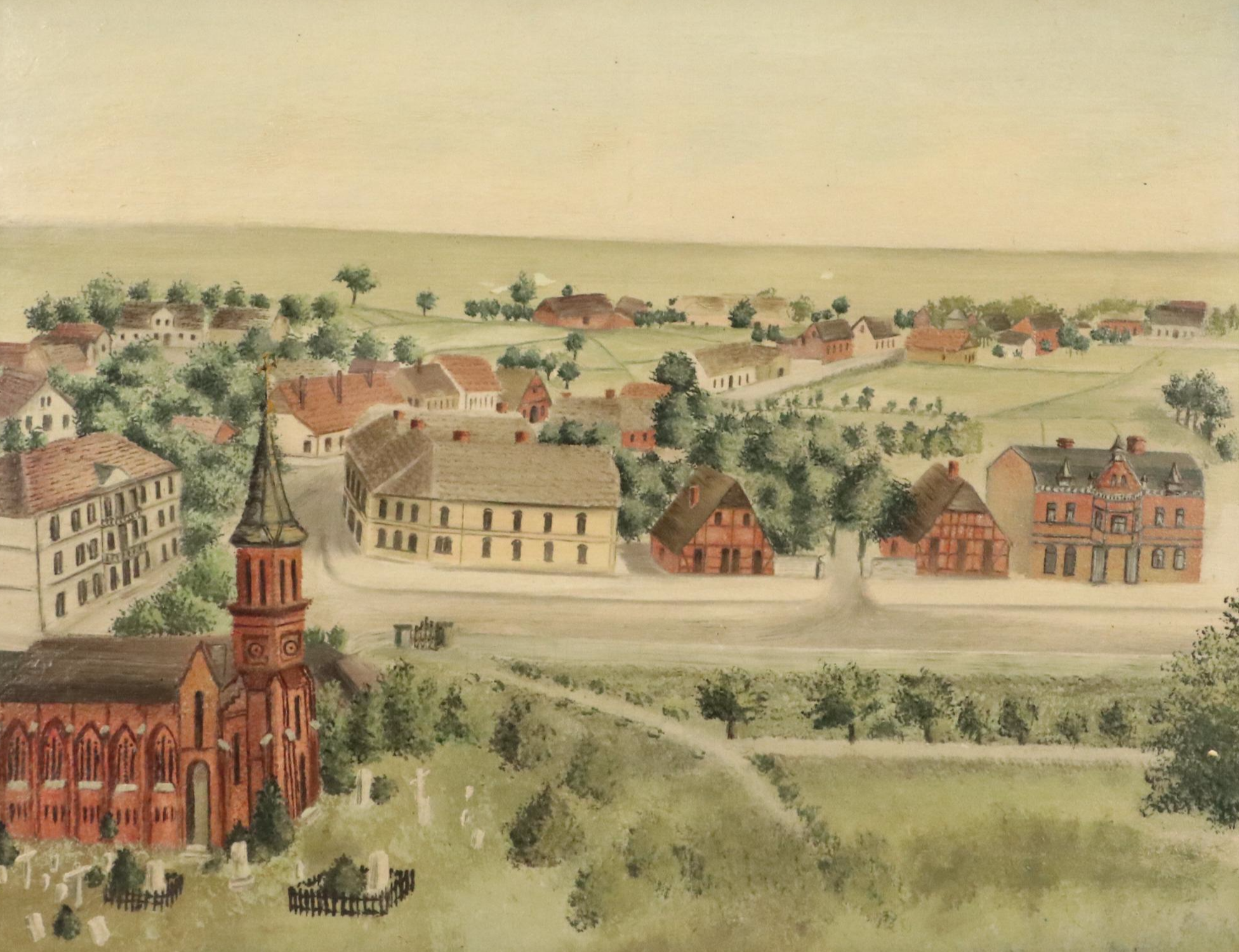 Primitive Style Acrylic Painting of Small Rural Town, Early to Mid-20th Century