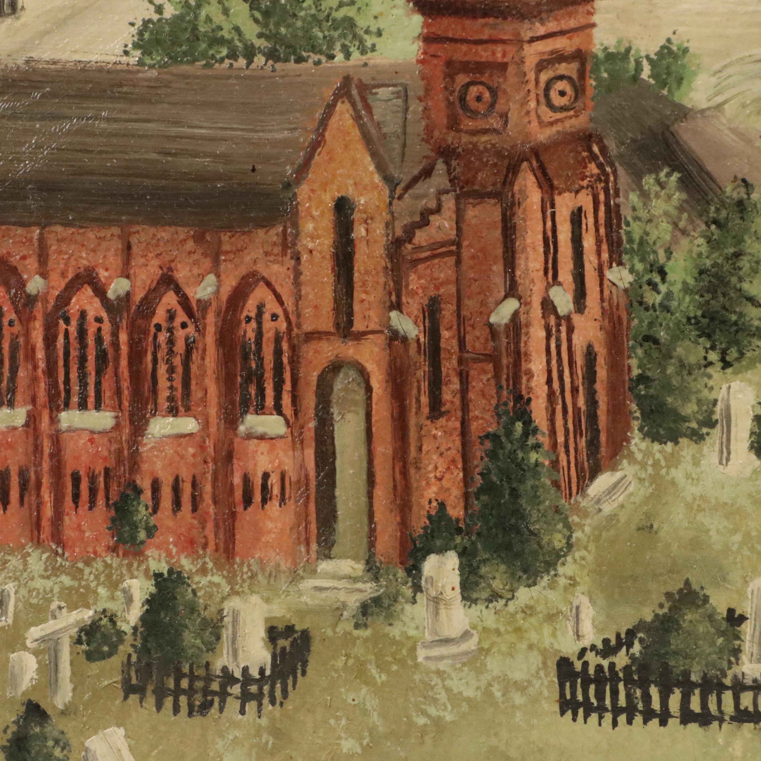 Primitive Style Acrylic Painting of Small Rural Town, Early to Mid-20th Century