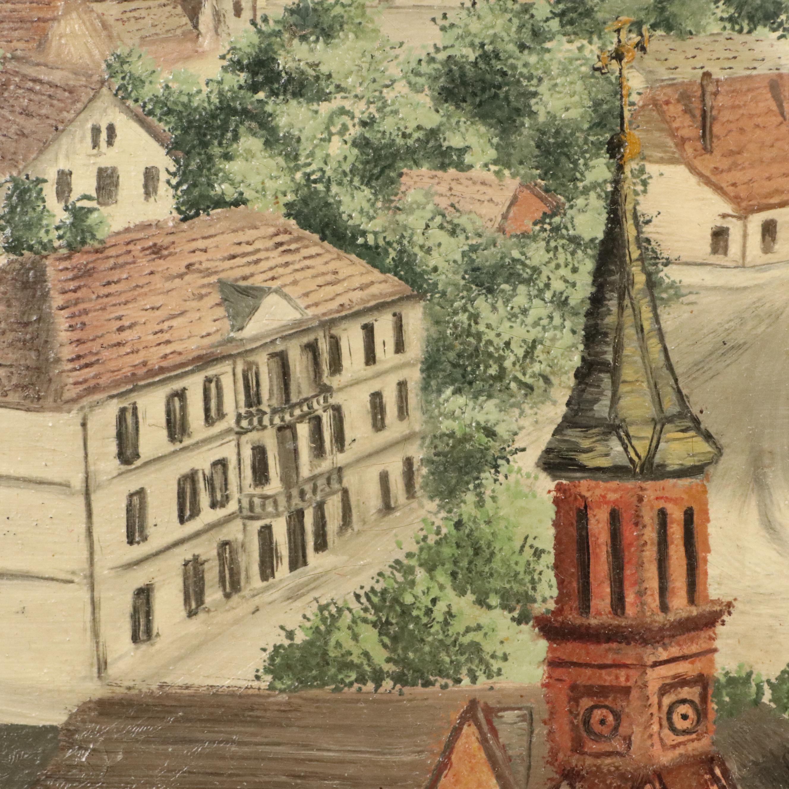 Primitive Style Acrylic Painting of Small Rural Town, Early to Mid-20th Century