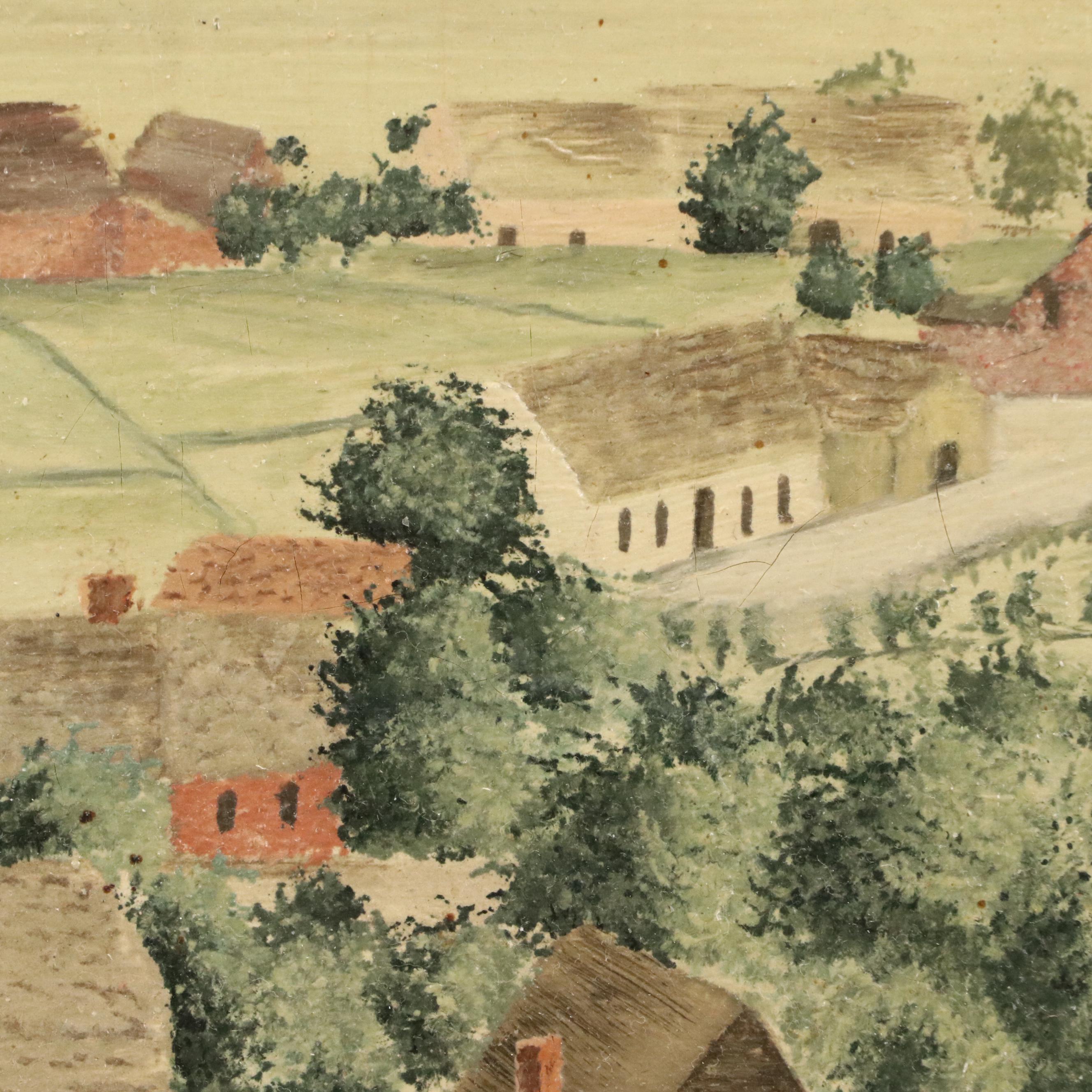 Primitive Style Acrylic Painting of Small Rural Town, Early to Mid-20th Century